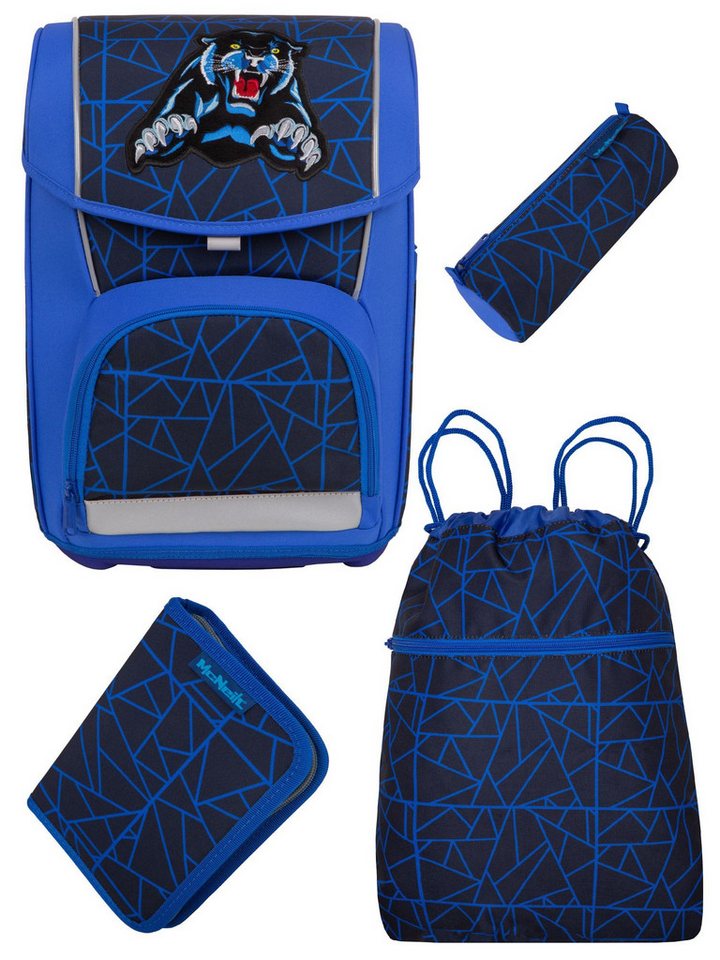 McNeill Schulranzen Wild Panther Schultasche Blau ab der 1. Klasse (Set, 4-tlg., inkl. Federmäppchen Schlamper Turnbeutel), 960 Gramm leicht, 21L Volumen, mit Brustgurt und Hüftgurt