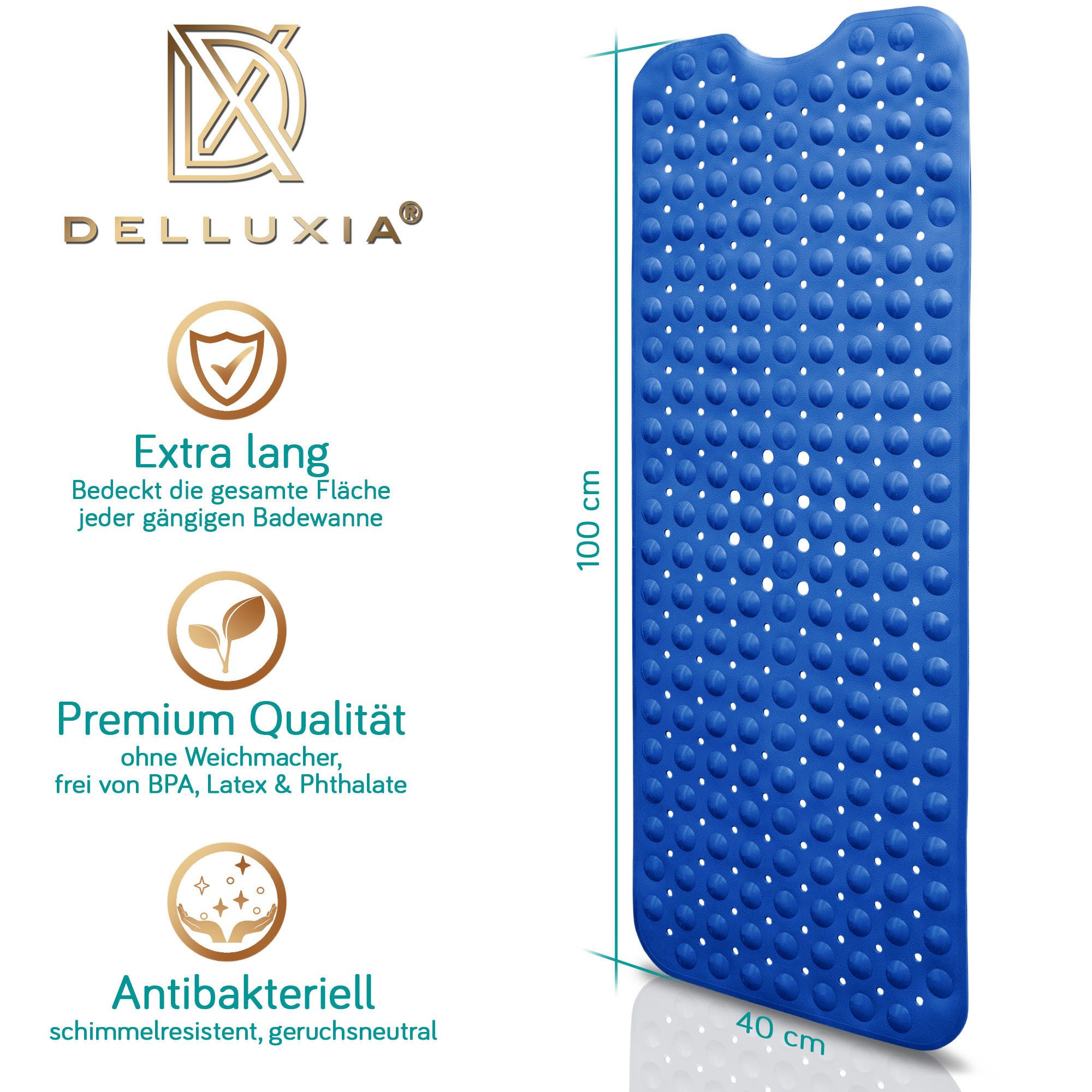 Delluxia Wanneneinlage Badewannenmatte rutschfest für Kinder & Erwachsene, B: 40 cm, L: 100 cm, inkl. Aufhängung, geruchsfrei, schimmelfrei, ohne Weichmacher