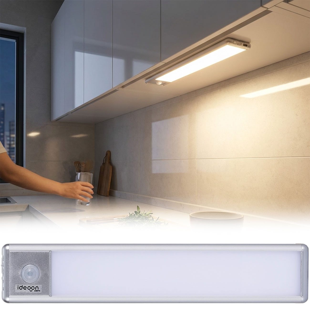 shop'n smile ideoon LED Lichtleiste 20,5cm mit Bewegungssensor: Kabellos, hell & energiesparend, Perfekt für Schrank, Flur & Küche
