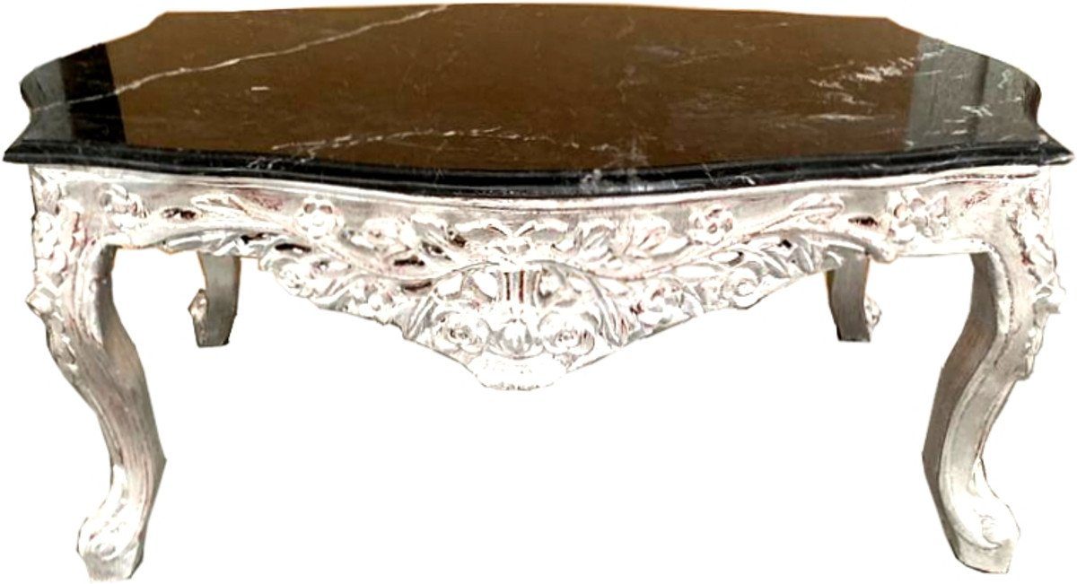 Casa Padrino Couchtisch Barock Couchtisch Silber mit schwarzer Marmorplatte - Möbel Tisch Antik Stil
