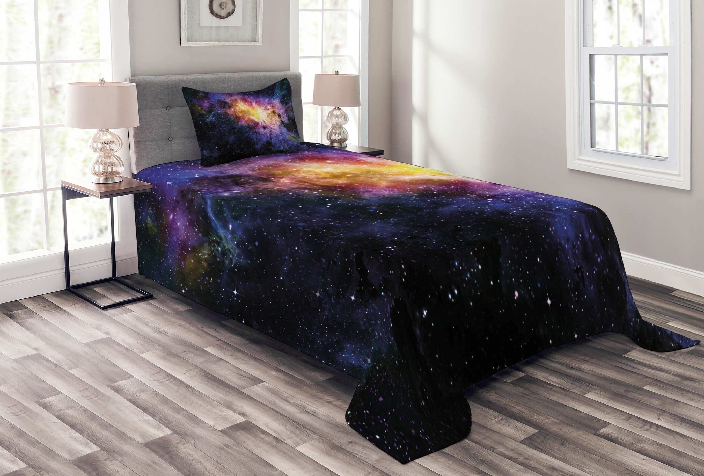 Tagesdecke Set Kissenbezügen Sterne Waschbar, Abakuhaus, Nebula mit Galaxis Verführerische