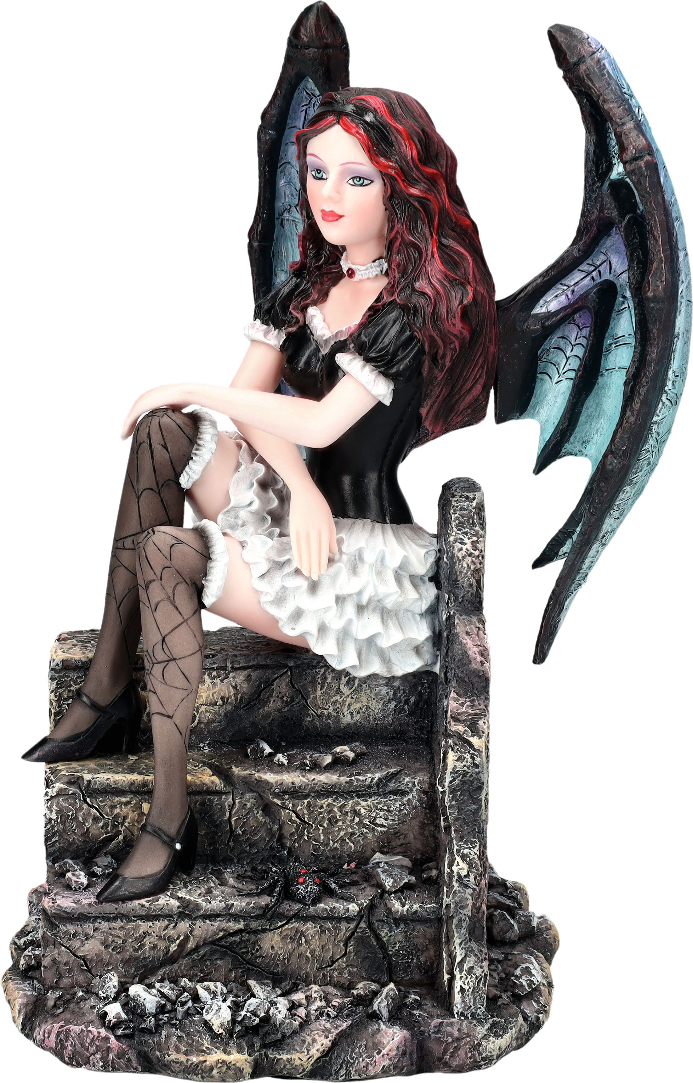 Figuren Shop GmbH Dekofigur Elfen Figur - Dark Mira sitzt auf Treppe - Fantasy Gothic Dekofigur