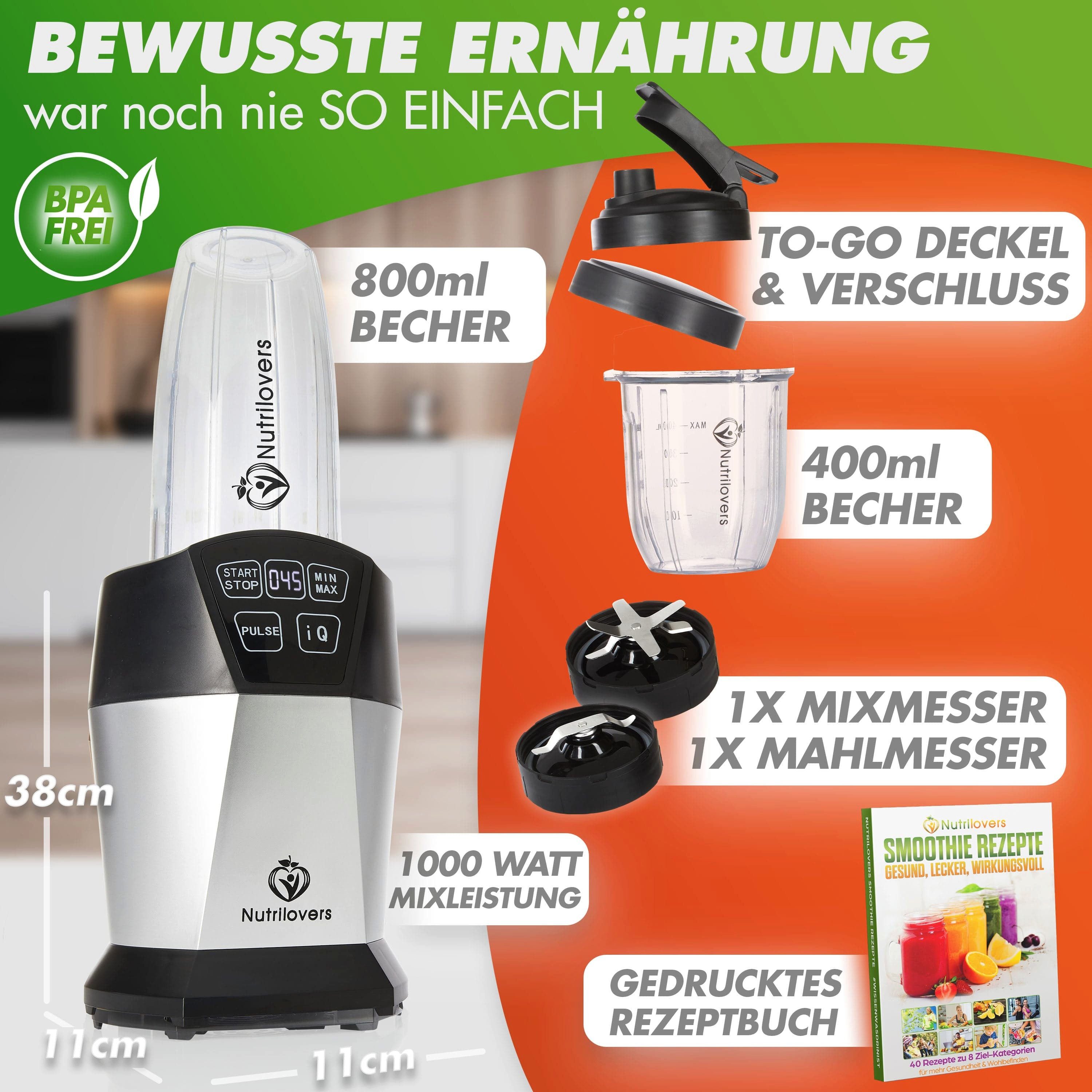 Nutrilovers Standmixer Format: Kompakter Smoothie Mixer - Für Unterwegs - Trinkbecher, 1000 W