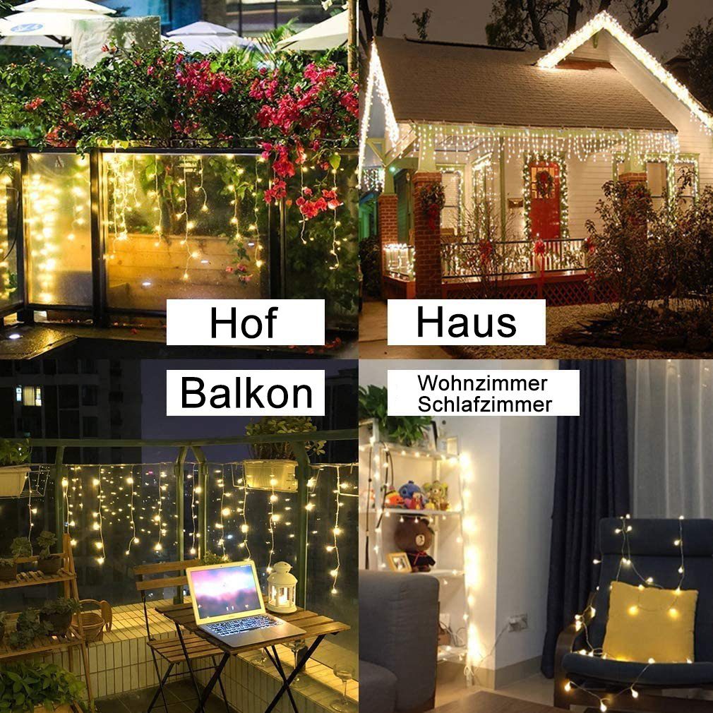 Rosnek LED-Lichtervorhang Solar,Wasserdichte,8 Modi, Fernbedienung Weihnachts Gärten Terrasse Deko, Timer,für mit