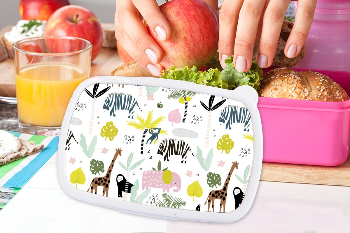 Palme - Tiere - Mädchen, rosa Kunststoff Snackbox, Kunststoff, MuchoWow Lunchbox für Brotbox Kinder, - Pastell, Dschungel Erwachsene, (2-tlg), Brotdose