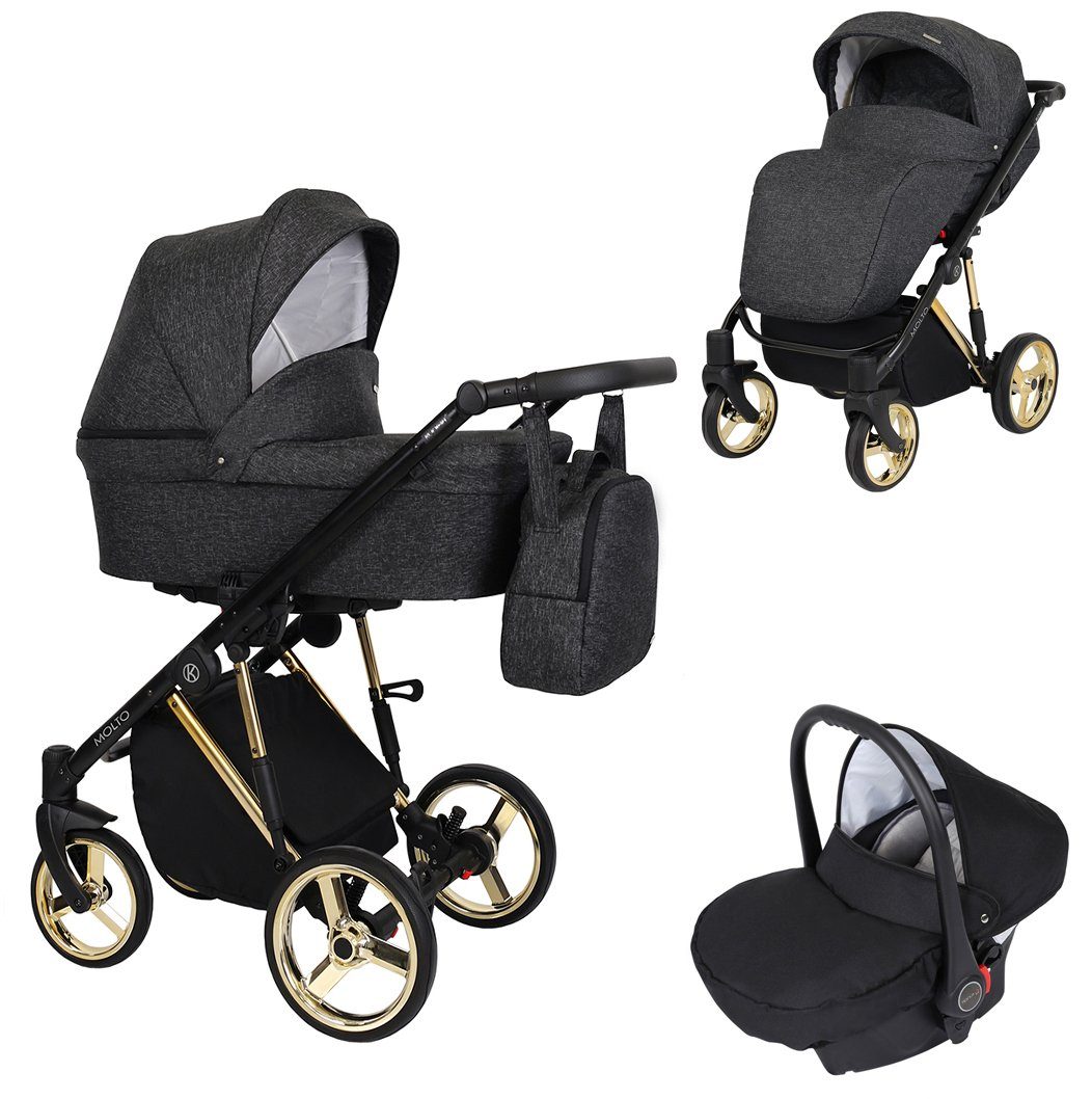 babies-on-wheels Kombi-Kinderwagen Molto Edition 3 in 1 inkl. Autositz -13 Teile- von Geburt bis 4 Jahre Schwarz = Gestell gold