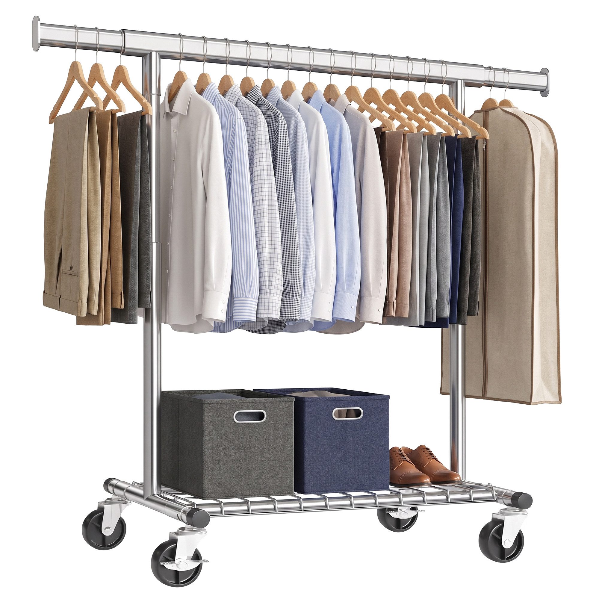SONGMICS Kleiderständer Schwerlast Kleiderständer auf Rollen Ausziehbare Kleiderstange, bis 180 kg mit Ablage 92-132 x 45 x 161,5 cm
