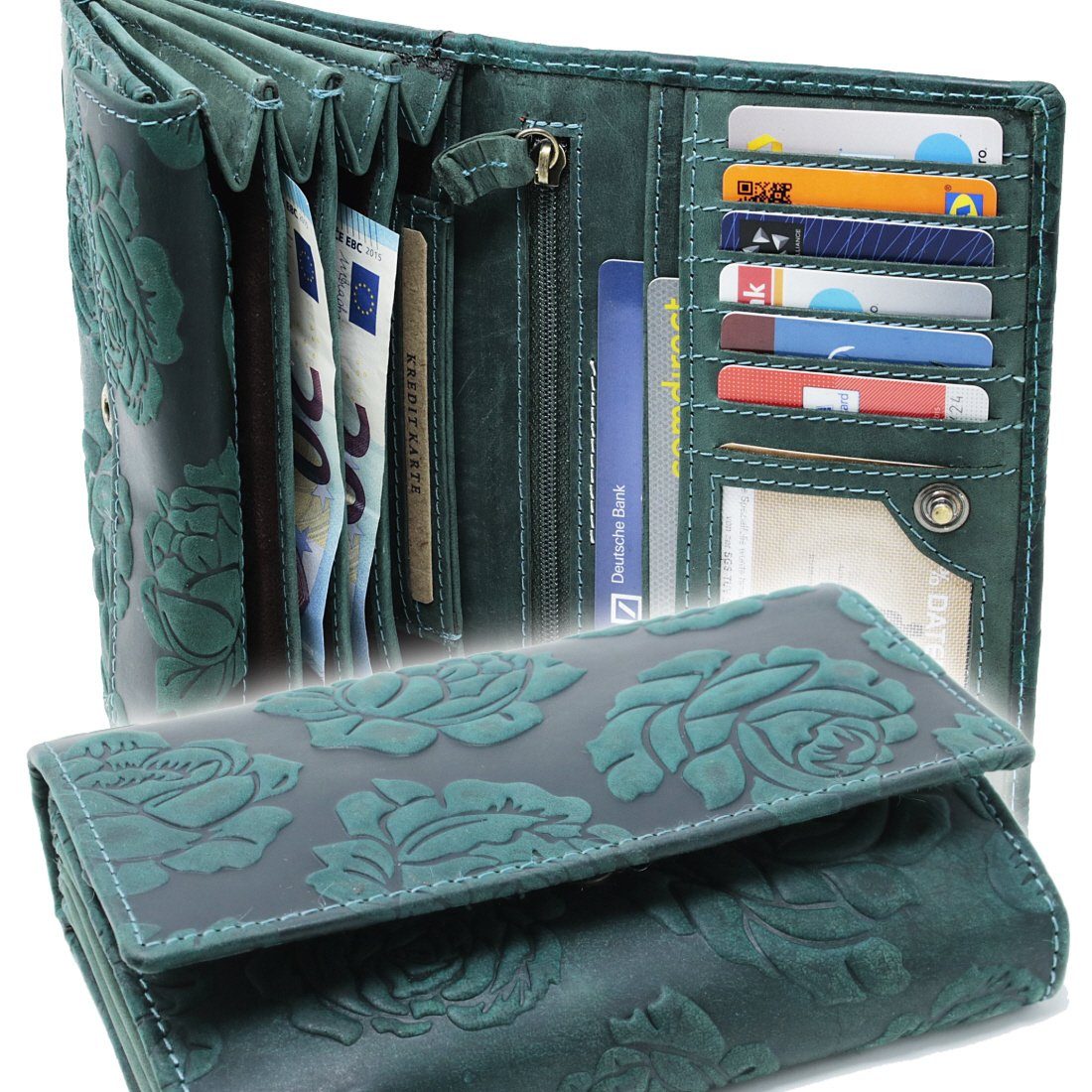 XXL Damen Geldbörse mit RFID Schutz Rindleder Portemonnaie Geldbeutel Geldtasche 