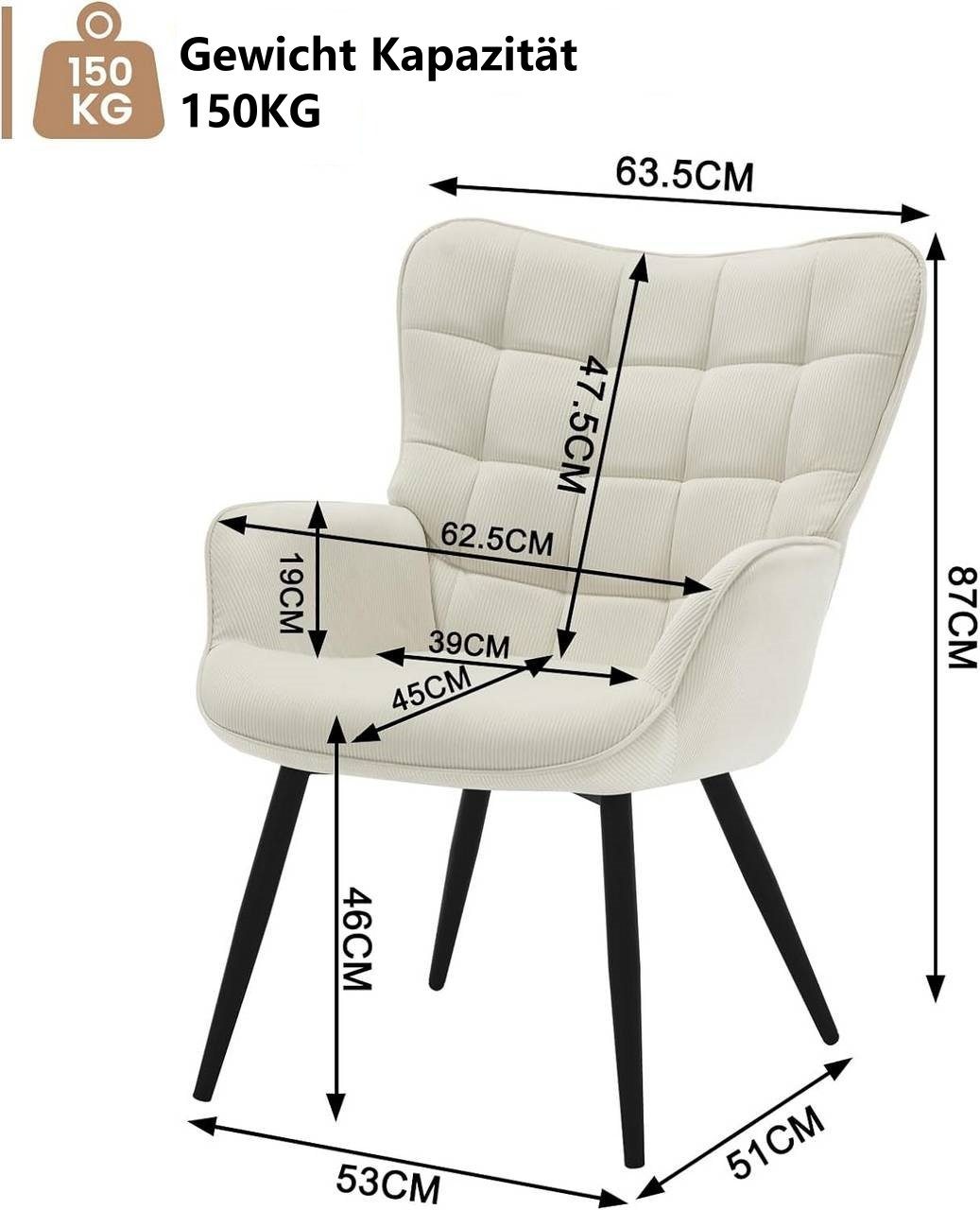 Woltu Relaxsessel (1-St), Ohrensessel Polstersessel mit Cordbezug