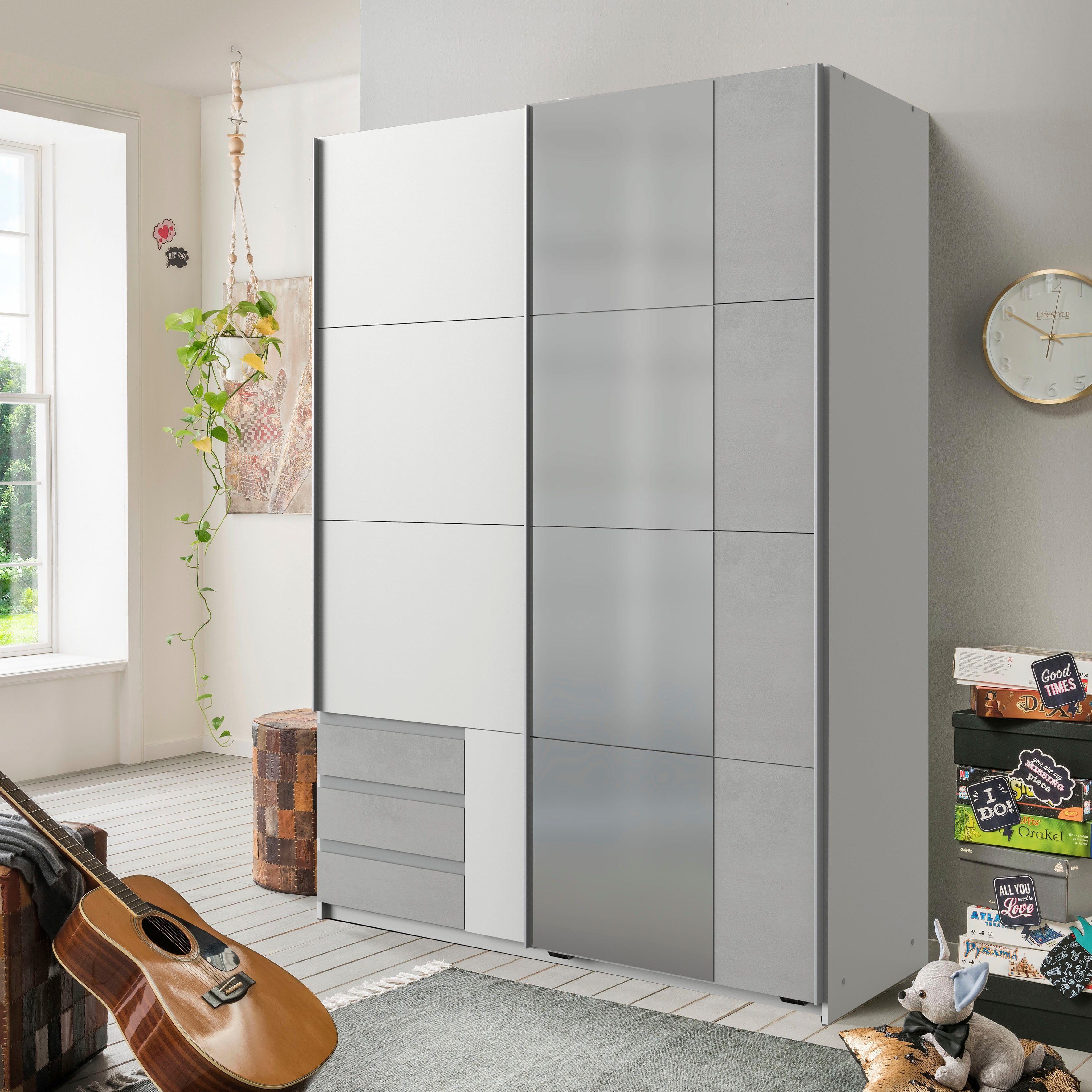 Wimex Schwebetürenschrank Emden moderner Kleiderschrank mit Spiegel und Schubladen Schlafzimmer Schrank Garderobenschrank mit Schwebetüren Topseller