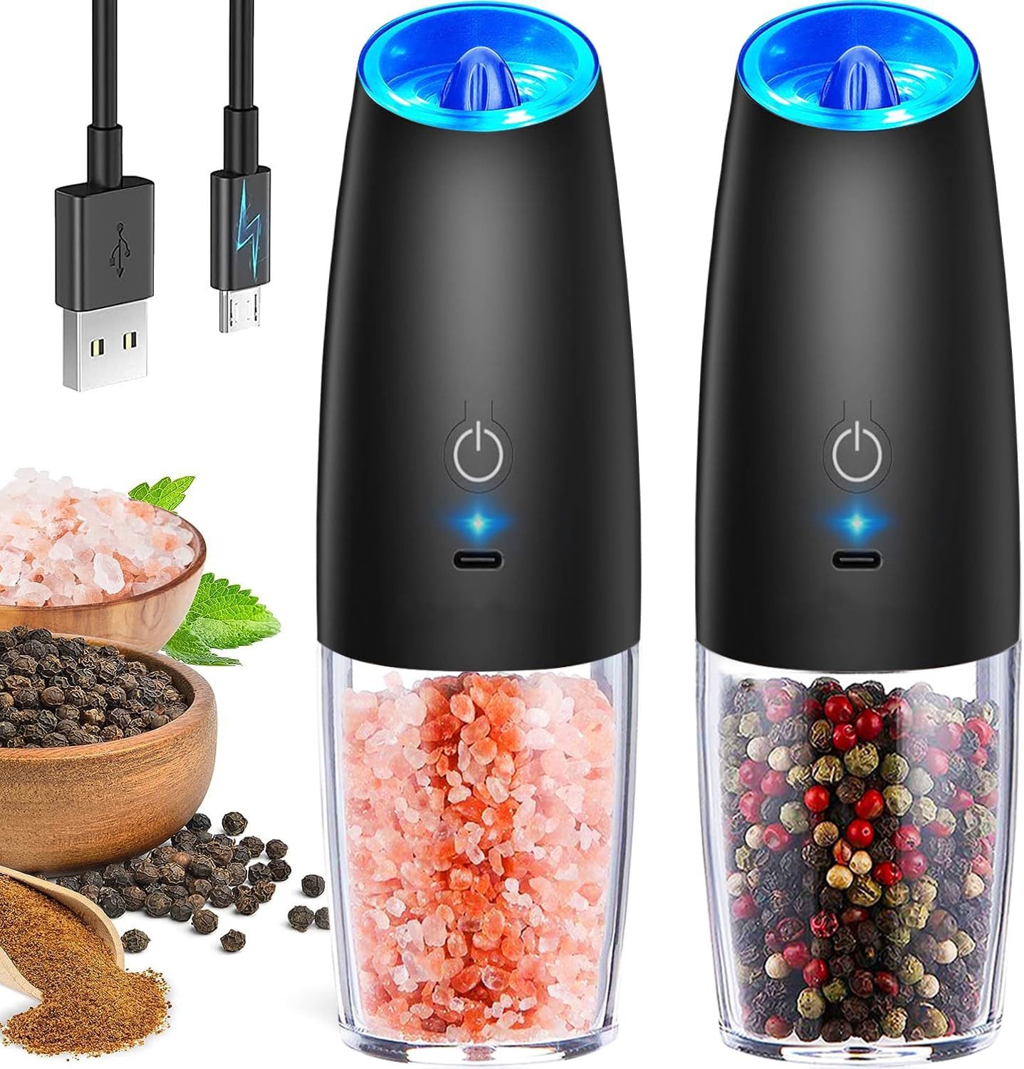 Kityhome Grinder Elektrischer Salz- und Pfeffermühlen Set, 2er Set USB Betriebsart, LED,Keramikmahlwerk,Für alle Gewürze geeignet