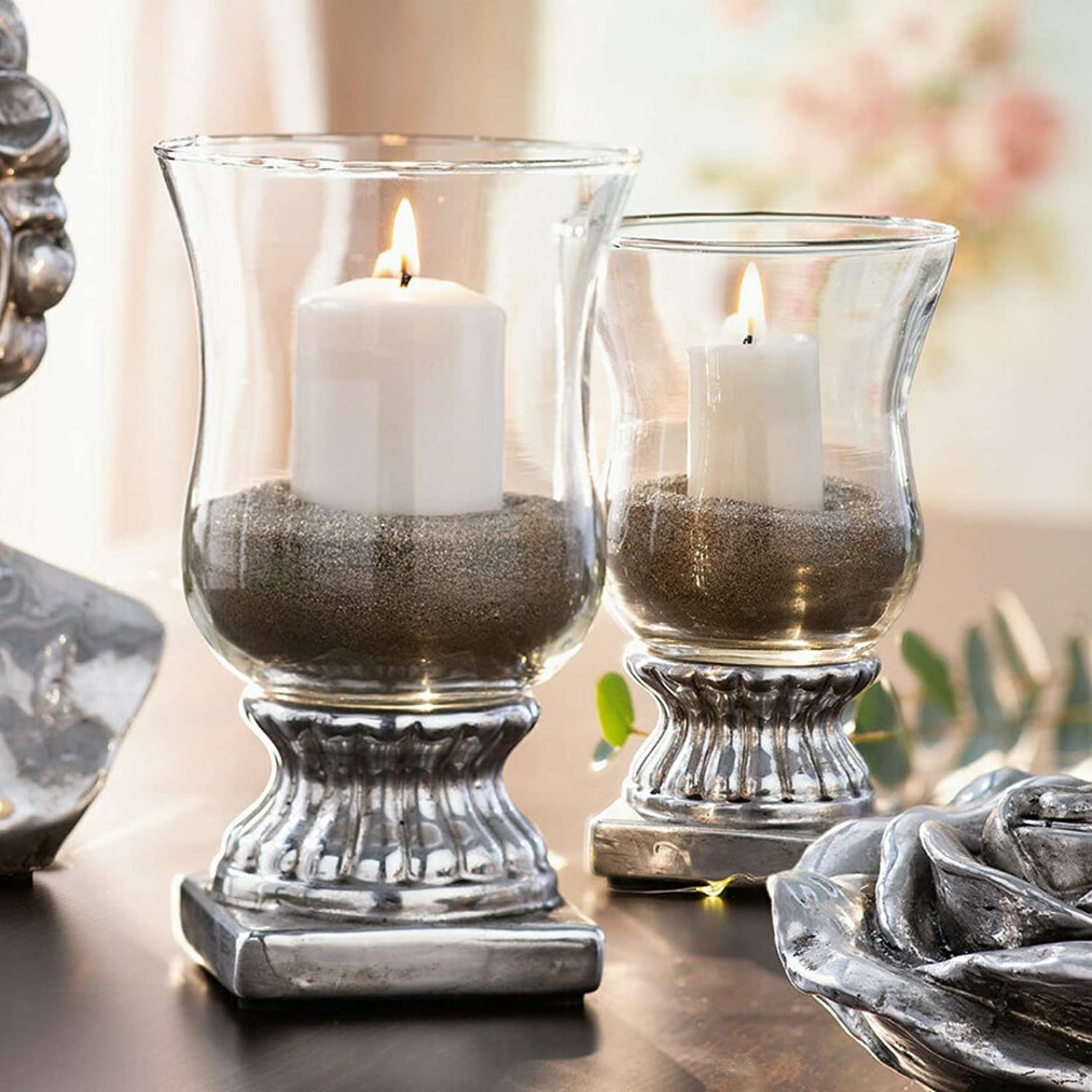 Dekoleidenschaft Windlicht "Elegance" Silber, in 2 Größen, Kerzenhalter aus  Steingut & Glas, Kerzenständer, Teelichthalter