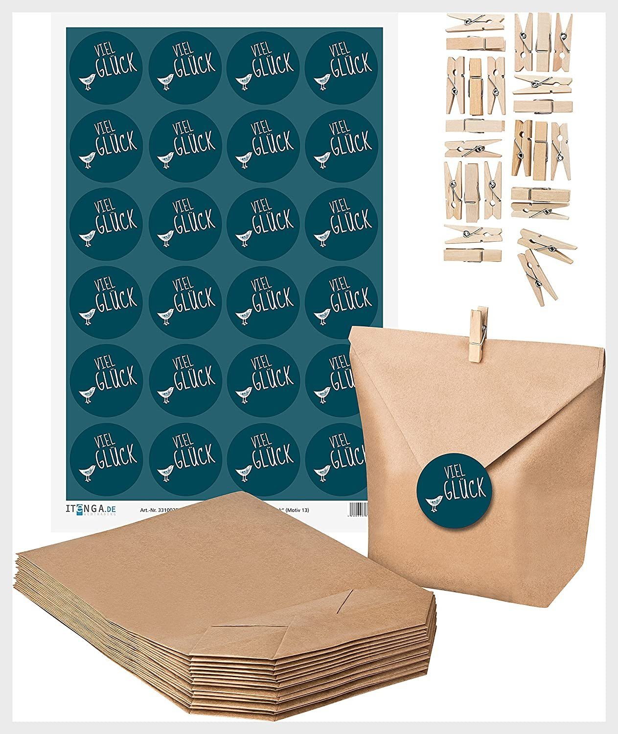 itenga Geschenkpapier SET Viel Glück (Motiv13) 24x Geschenktüten + 24x MiniKlammer + 24x Auf