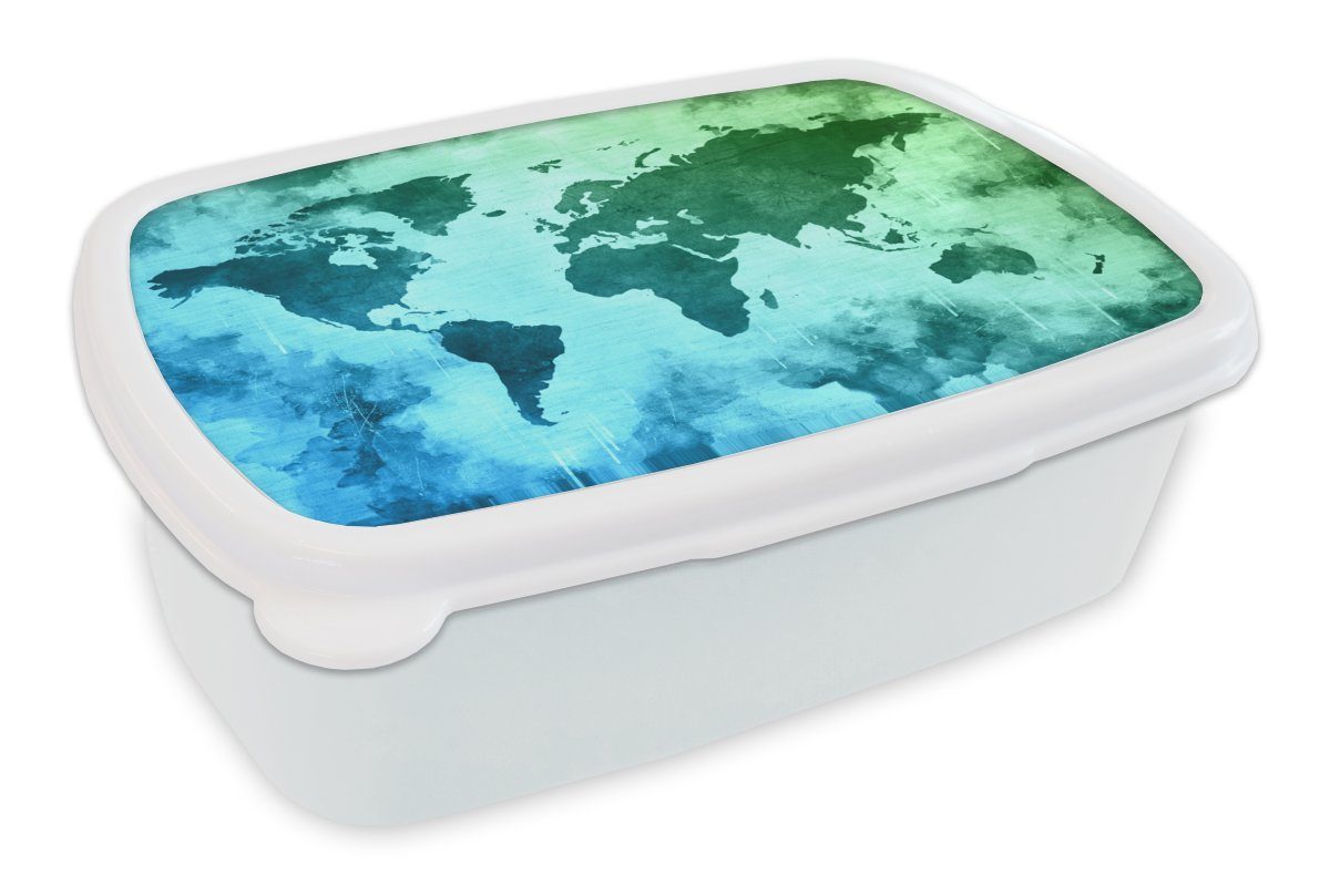 MuchoWow Lunchbox Weltkarte - Blau - Grün, Kunststoff, (2-tlg), Brotbox für Kinder und Erwachsene, Brotdose, für Jungs und Mädchen weiß