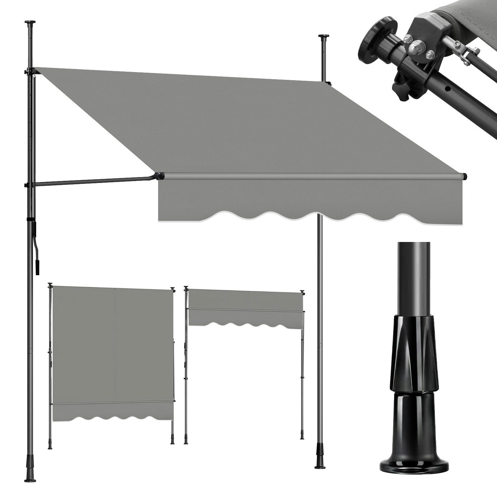 Sekey Klemmmarkise Markise für balkon mit Kurbel Sonnenschutz ohne Bohren UV-beständig B x H: 200 x 212-310 cm, Hellgrau