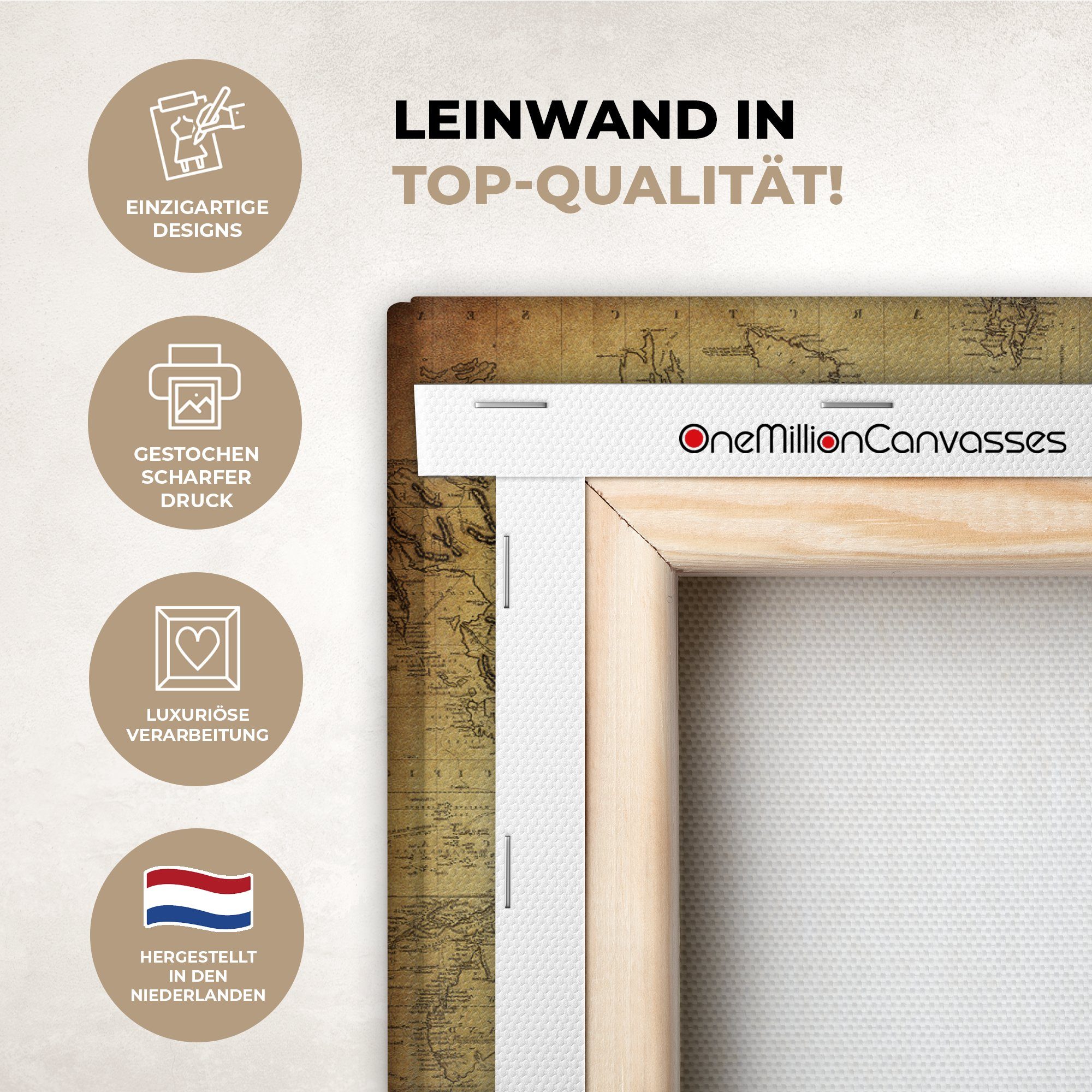 OneMillionCanvasses® Leinwandbild Weltkarte - Vintage - Antik - Braun - Papier, Fotodruck (1 St), Leinwand Bilder Klein, Wand Dekoration Aesthetic 30x20 cm