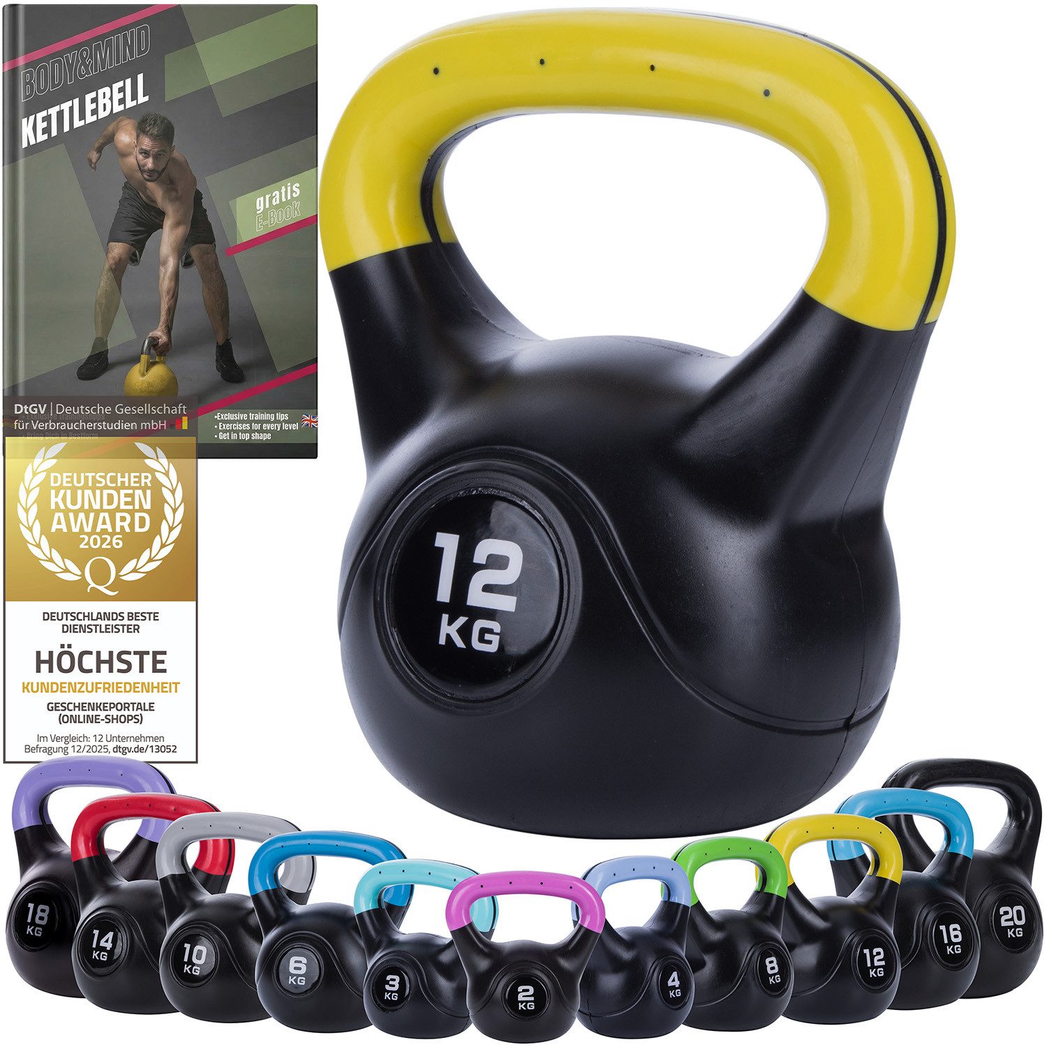 Body & Mind Kettlebell Body & Mind Kettlebell 2–20 kg – Profi Kettlebell mit Kunststoffmantel, (Profi Schwunghantel), Kraftraining Workout Gewicht (12 kg)