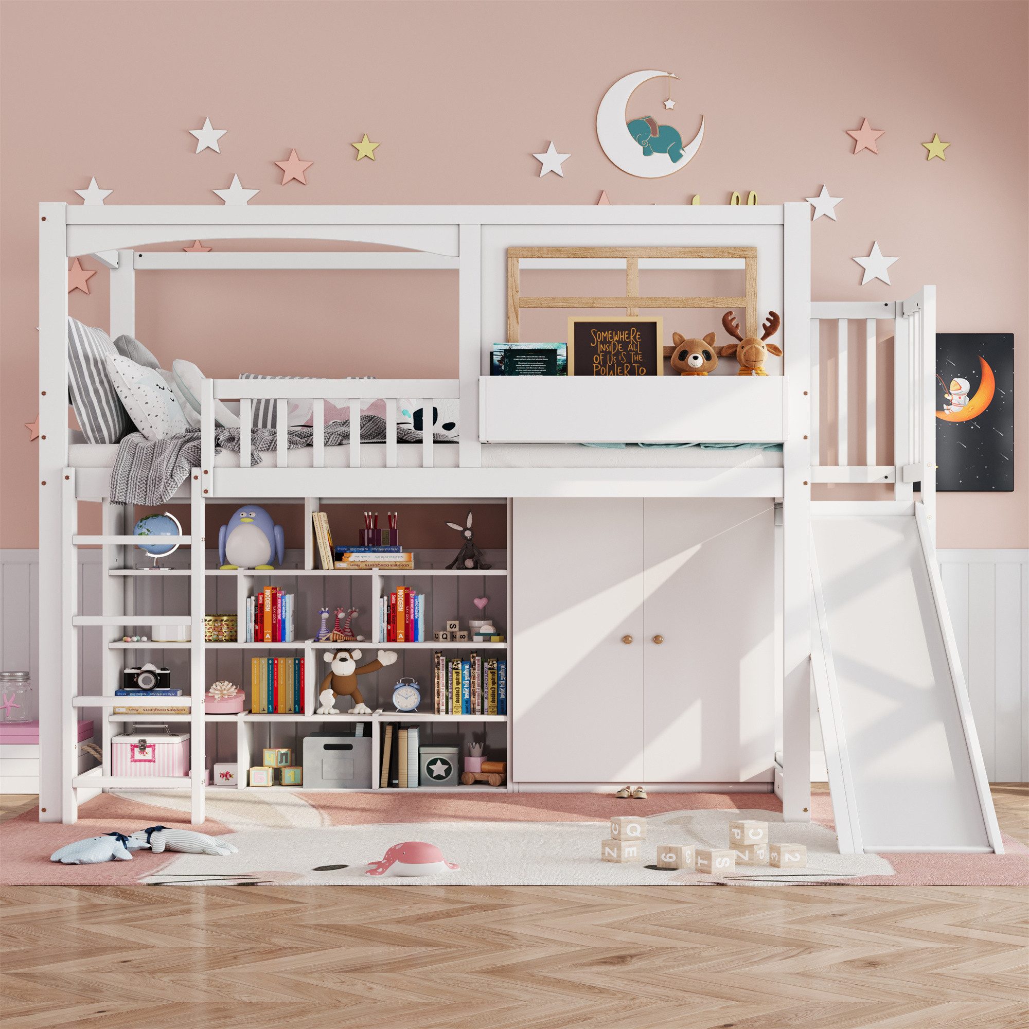 REDOM Kinderbett Stauraumbett,Etagenbett,Jugendbett (Etagenbett für Kinder mit Fallschutzgitter, Kinderrutsche und Kleiderschrank., 90x200 cm), ohne Matratze