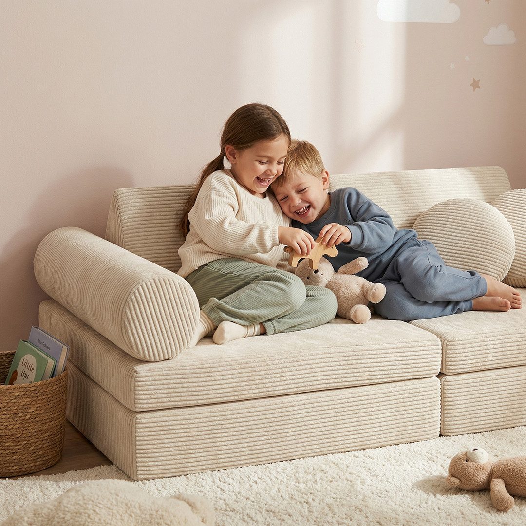Bellabino Kindersofa Nile aus Schaumstoff Teilen, modulare Kinderspielcouch aus Cord, Beige, mit Armlehnen, Cordbezug abnehmbar & waschbar, 160x52x75cm, Oeko-Te – Bild 2 von 5