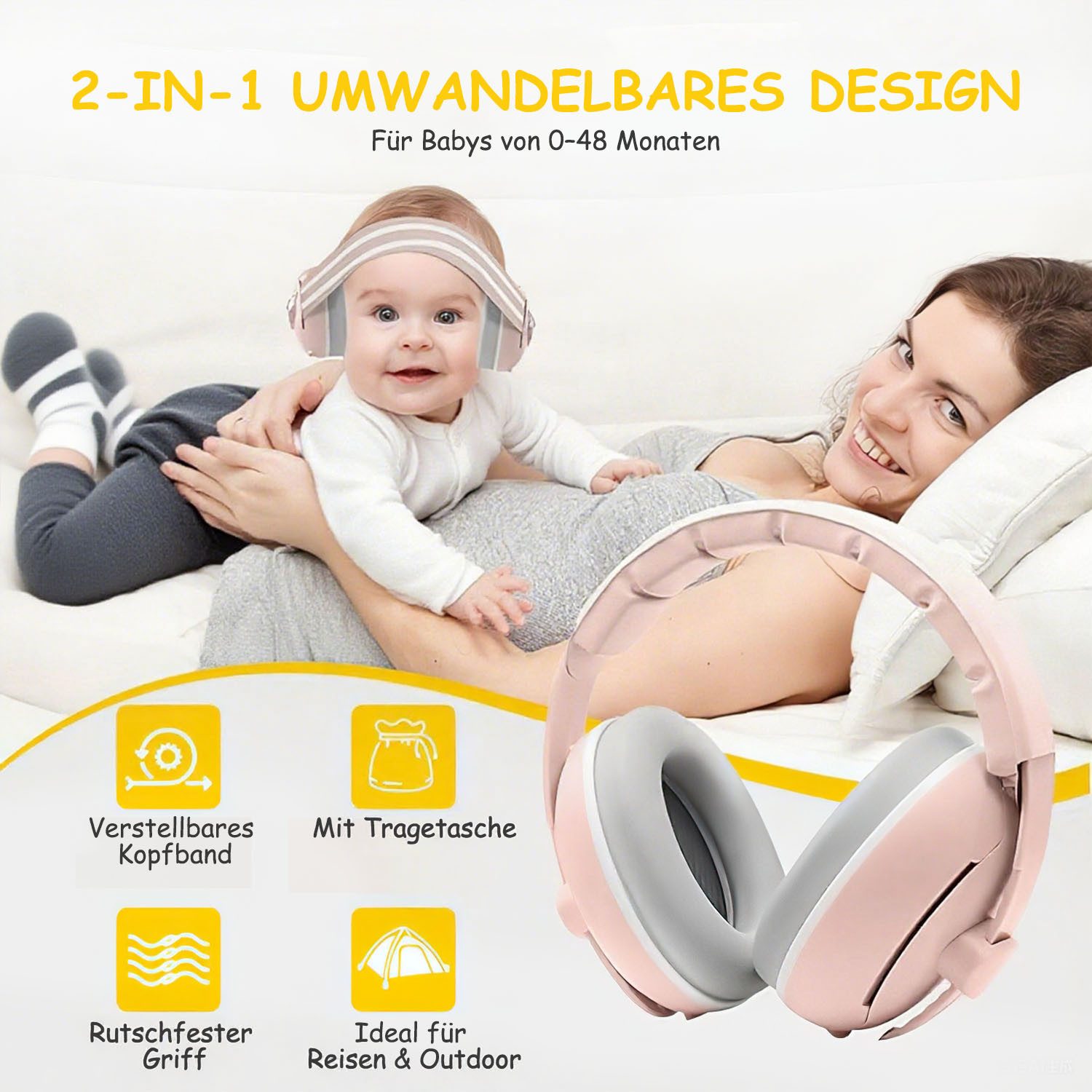AIMAX Bügelgehörschutz 2-in-1 Gehörschutz Baby Kopfhörer Neugeboren Ohrenschützer, mit Geräuschunterdrückung & Verstellbares Kopfband Baby Kopfhörer
