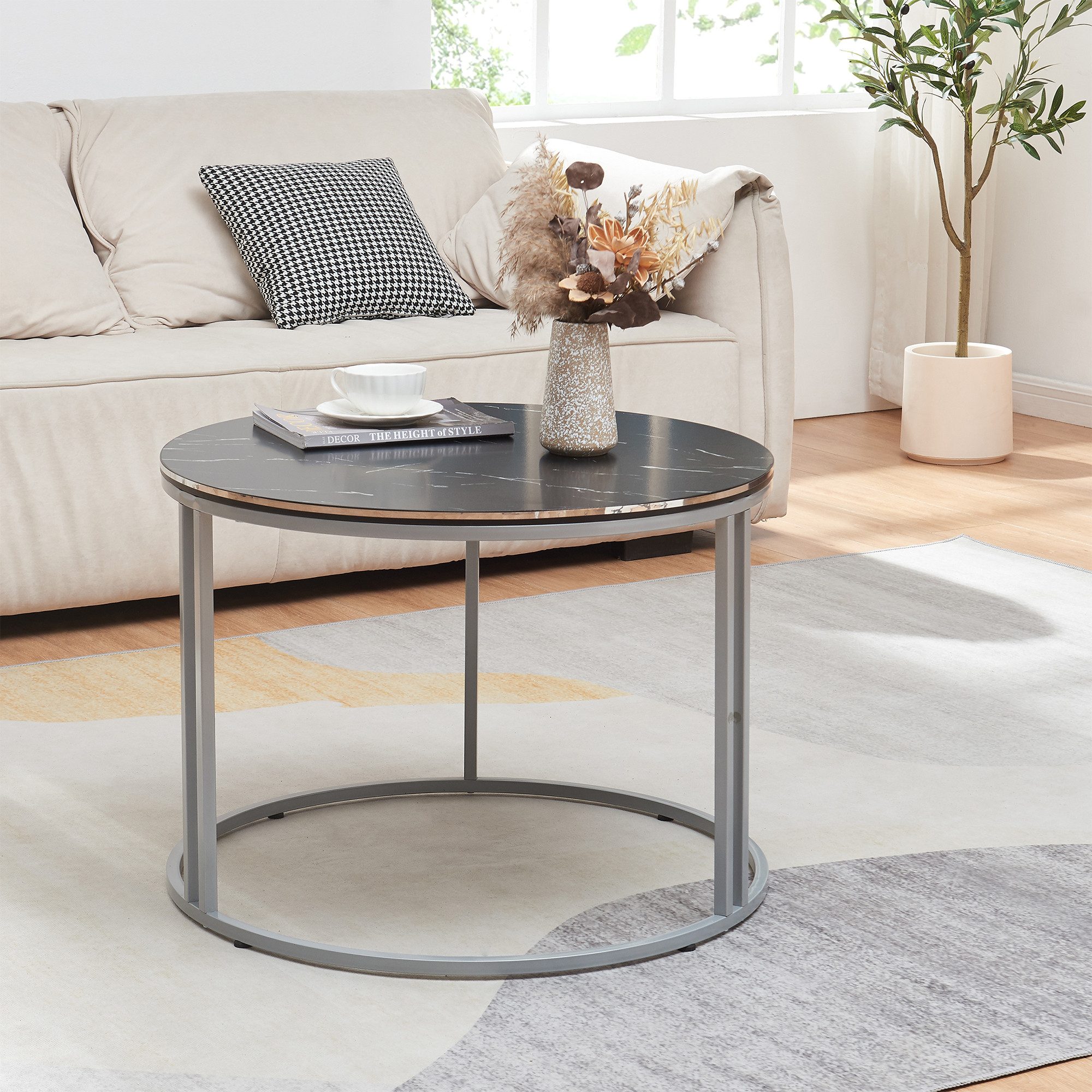 en.casa Couchtisch, Beistelltisch »Aulum« 50 x 70 cm Marmor, Schwarz / Silber