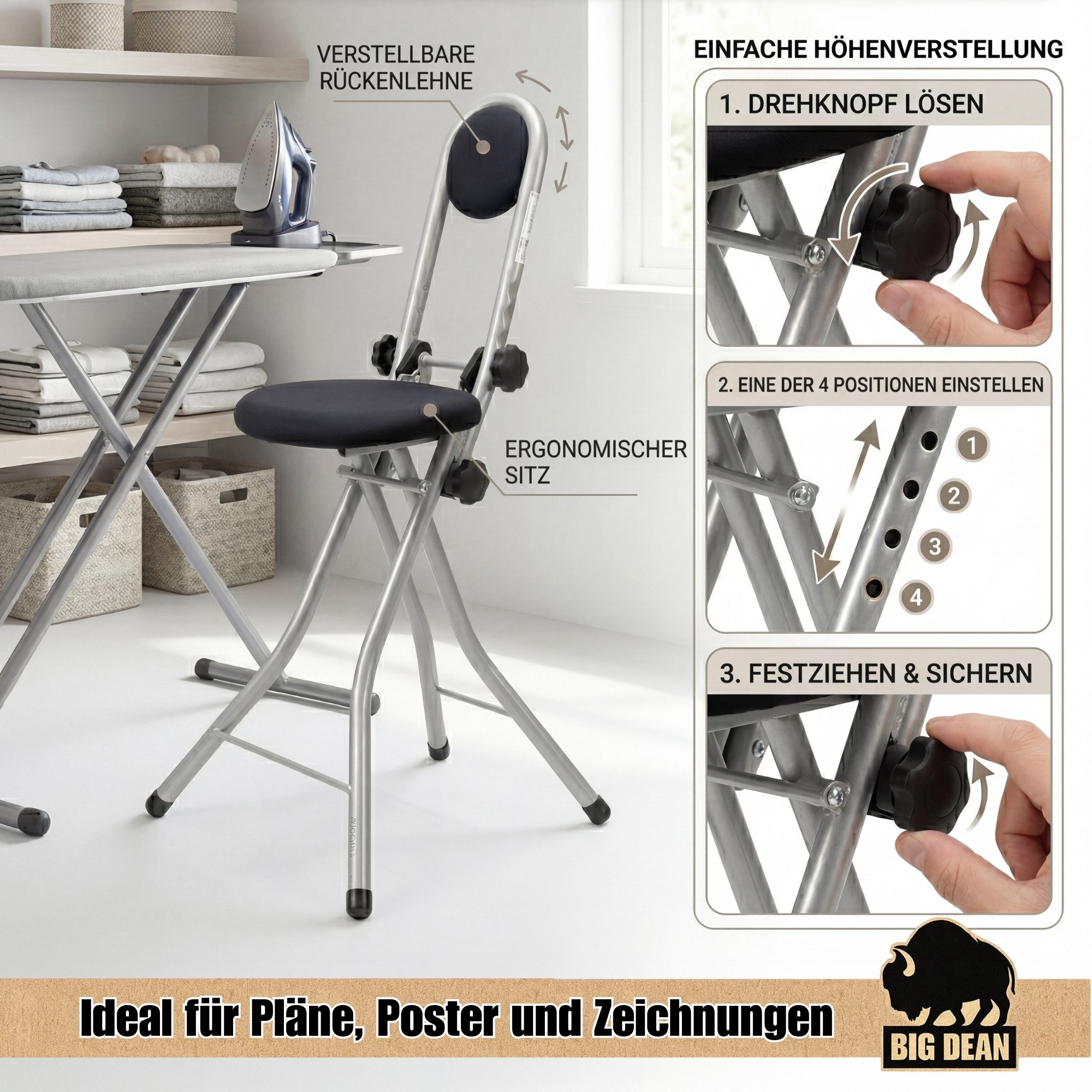 BigDean Stehhilfe Bügelstehhilfe Stehstuhl höhenverstellbar klappbar Bügelstuhl Stehsitz (Packung, 1 St), Klappbar, gepolsterte Sitzfläche, Sicherheitsarretierung