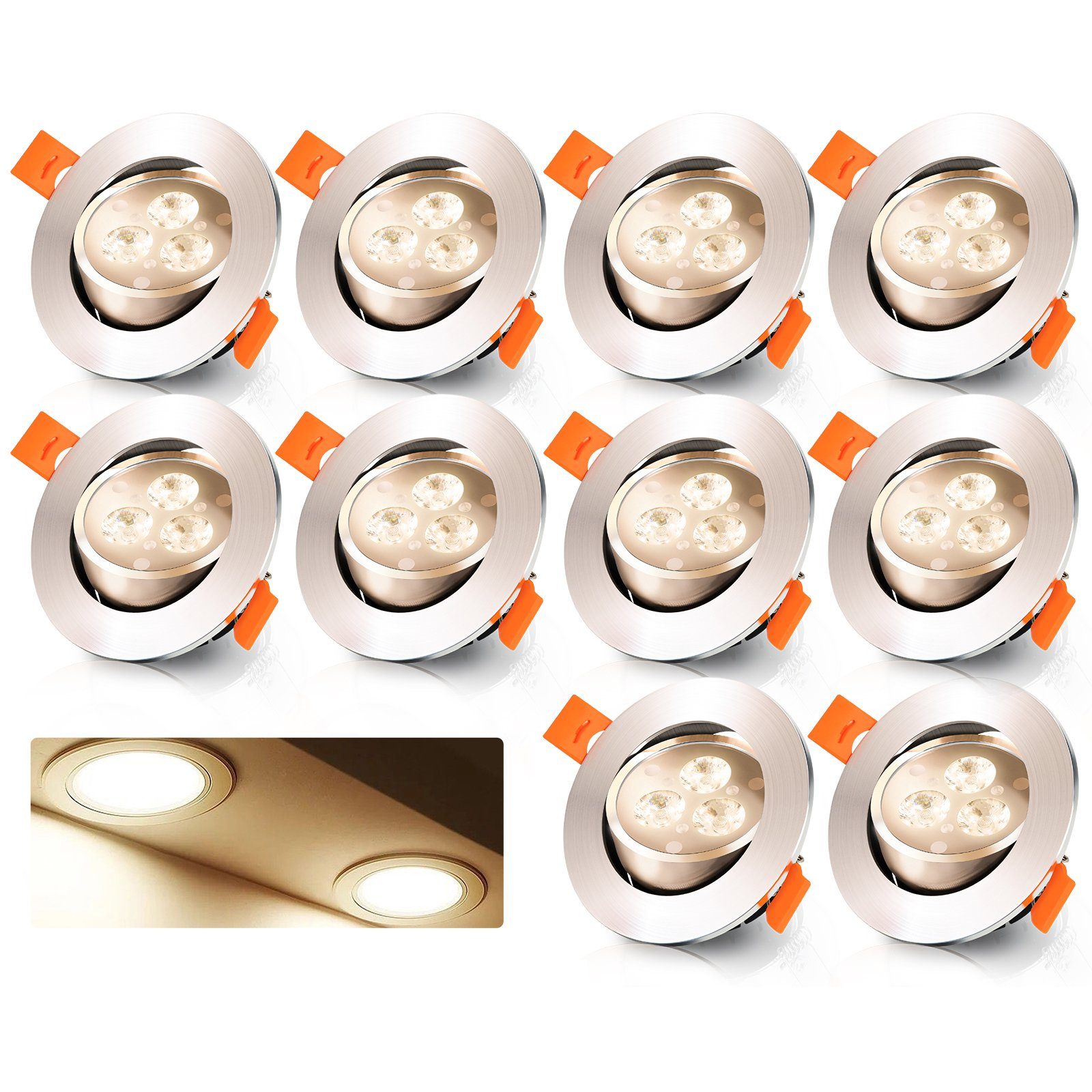10er Spot LED 3W Gimisgu Deckenlampe LED Einbauleuchte LED Warmweiß Set, Schwenkbar LED Einbaustrahler Einbauleuchten
