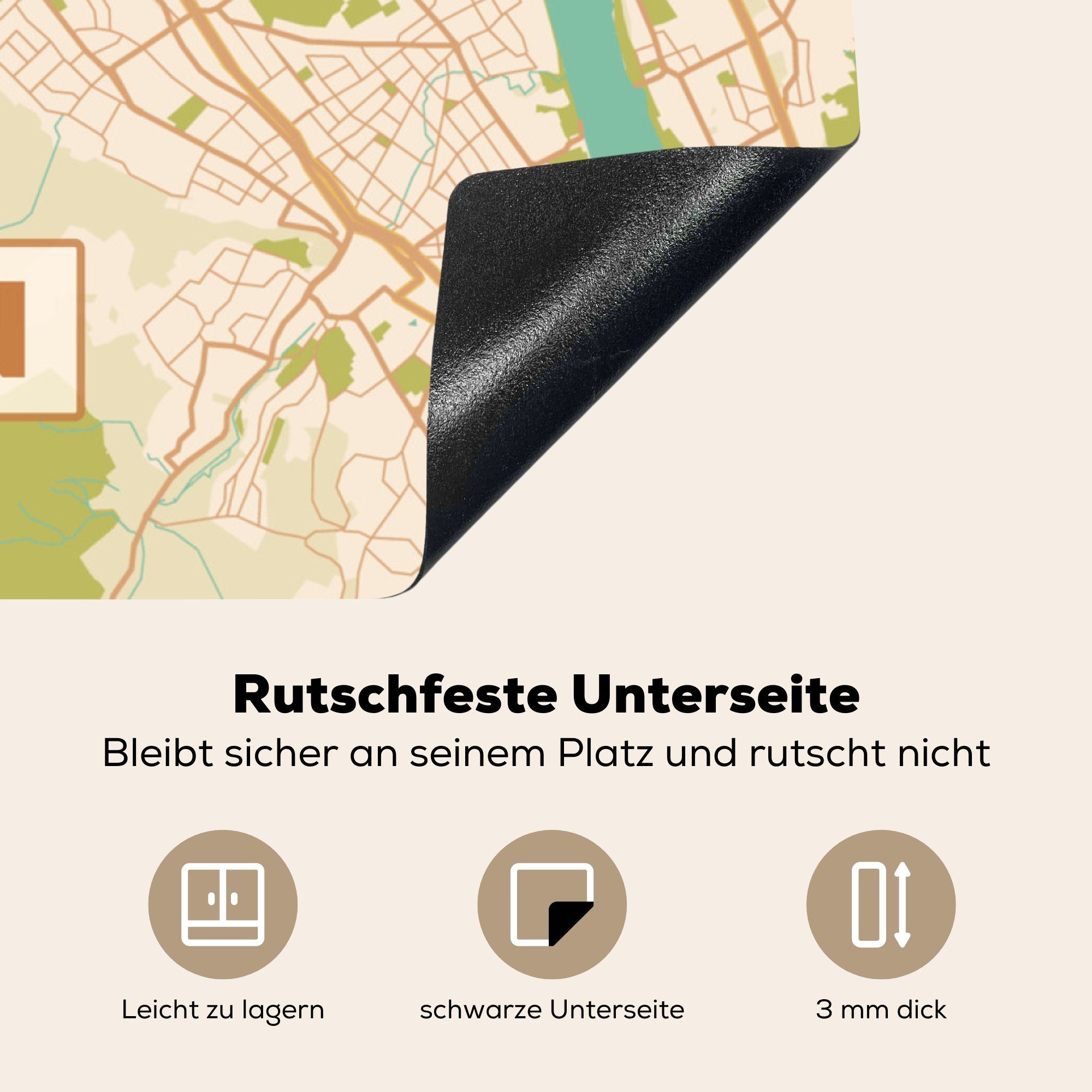 Ceranfeldabdeckung, Karte, küche Herdblende-/Abdeckplatte 78x78 Bonn MuchoWow - für - Jahrgang cm, Stadtplan - (1 tlg), Vinyl, Arbeitsplatte