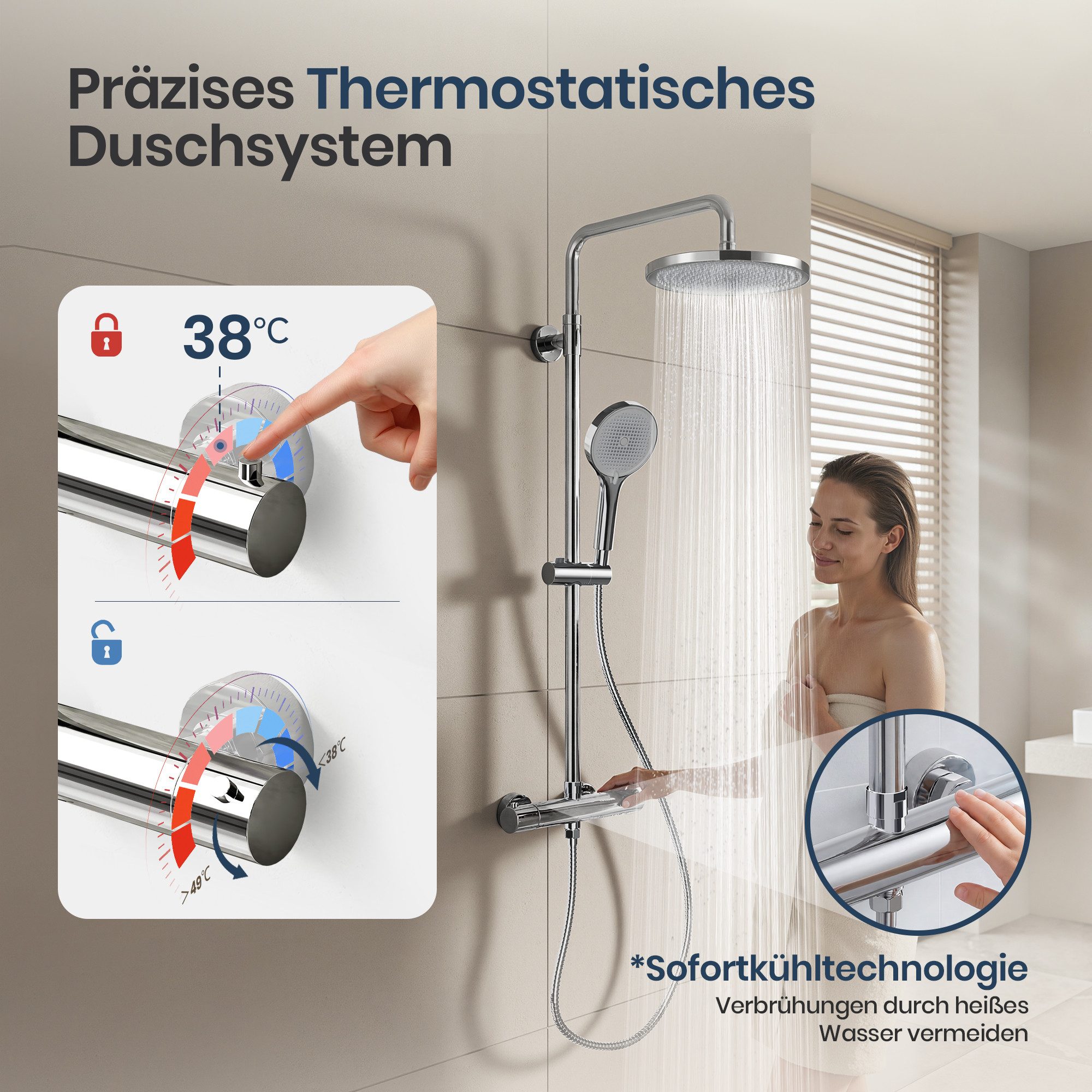 Alphabath Duschsystem, 3 Strahlart(en), Set, Rostfreien und verdrehungsfreien Schlauch, Thermostat-Duscharmatur, Duscharmatur Komplettset mit Thermostat, Höhenverstellbar, Chrom