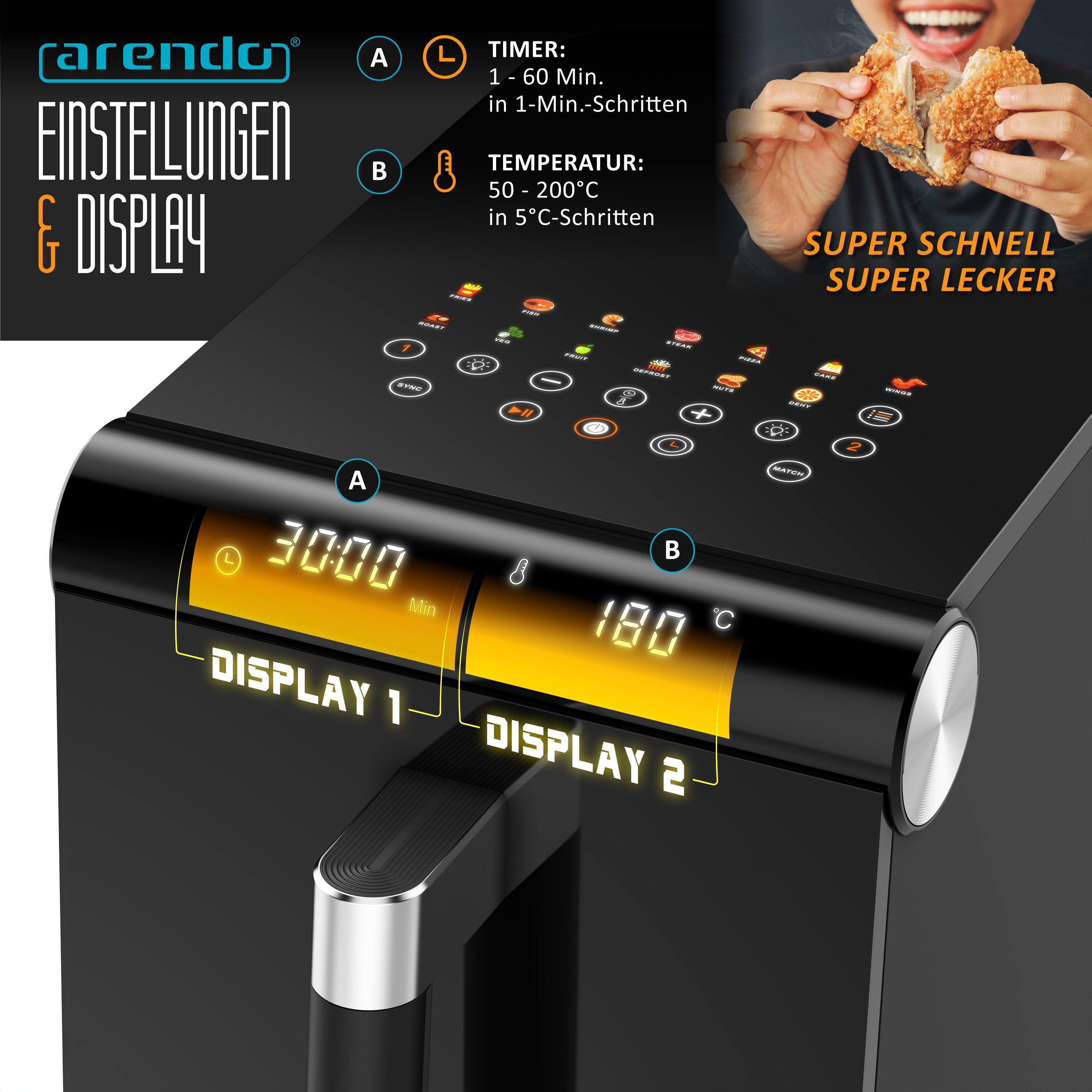 Arendo Heißluftfritteuse mit 2 Kammern Übereinander, XXL Dual Zone Airfryer 11L, Doppelkammer, 2800 W, mit Zubehör, Umluft Backofen, Sichtfenster, fettarmes gesundes Kochen