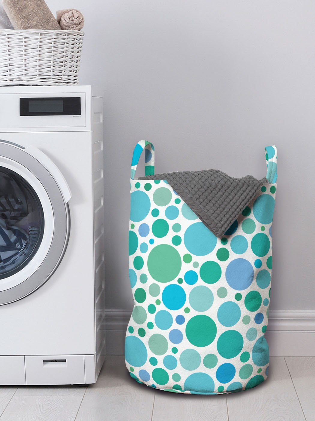 Abakuhaus Wäschesäckchen Wäschekorb mit Griffen Kunst Kordelzugverschluss Blaue Töne Waschsalons, Runde Punktmuster für