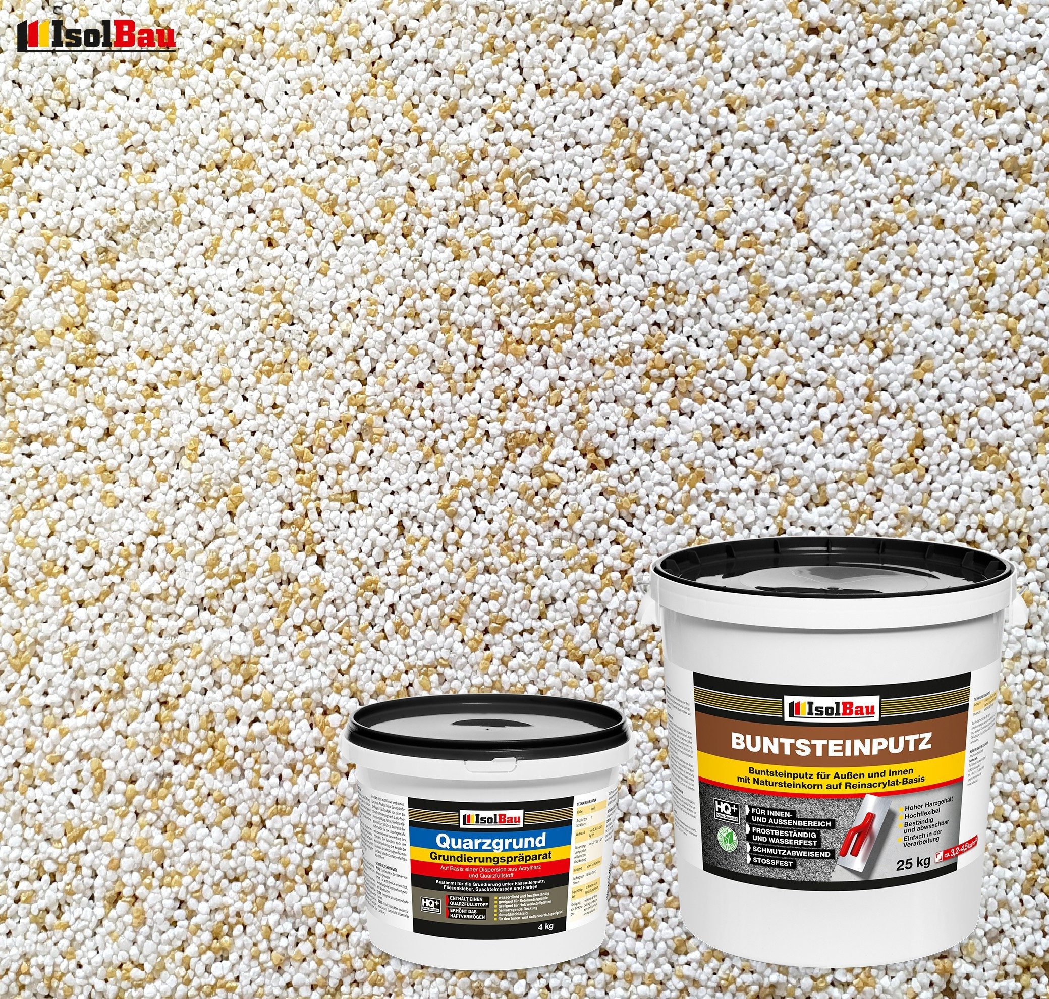 None Gipsputz Set Mosaikputz 25 kg Buntsteinputz BP60 Fertigputz + Quarzgrund 4 kg Körnung 1,8 mm; Trocknung 12–48h; Verbrauch 3,2–4,5 kg/m²