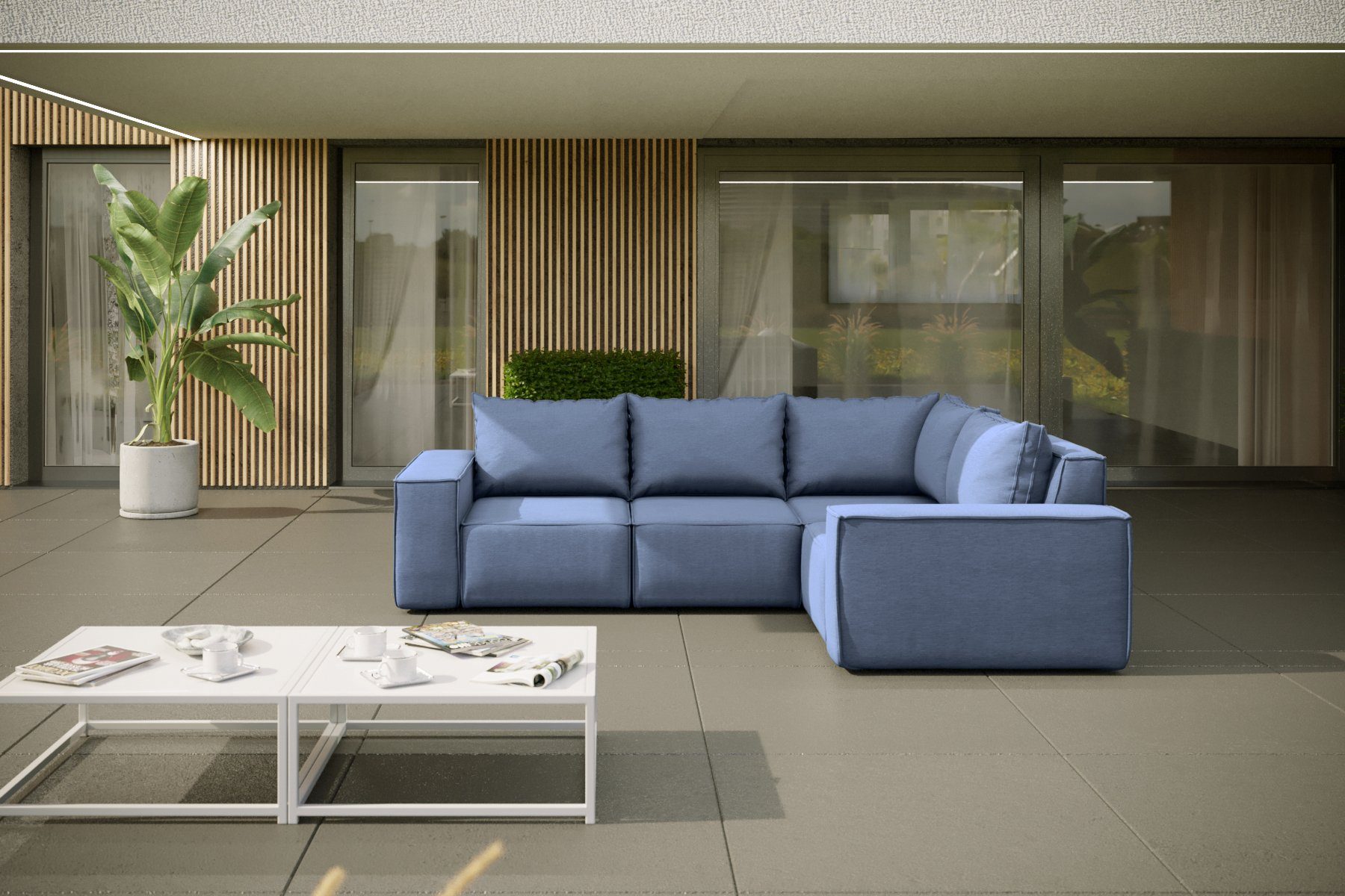 Friderik-EU Ecksofa GARTEN Couch Wasserdichtes Sofa Outdoor Gartenmöbel Terrasse Blau Denim
