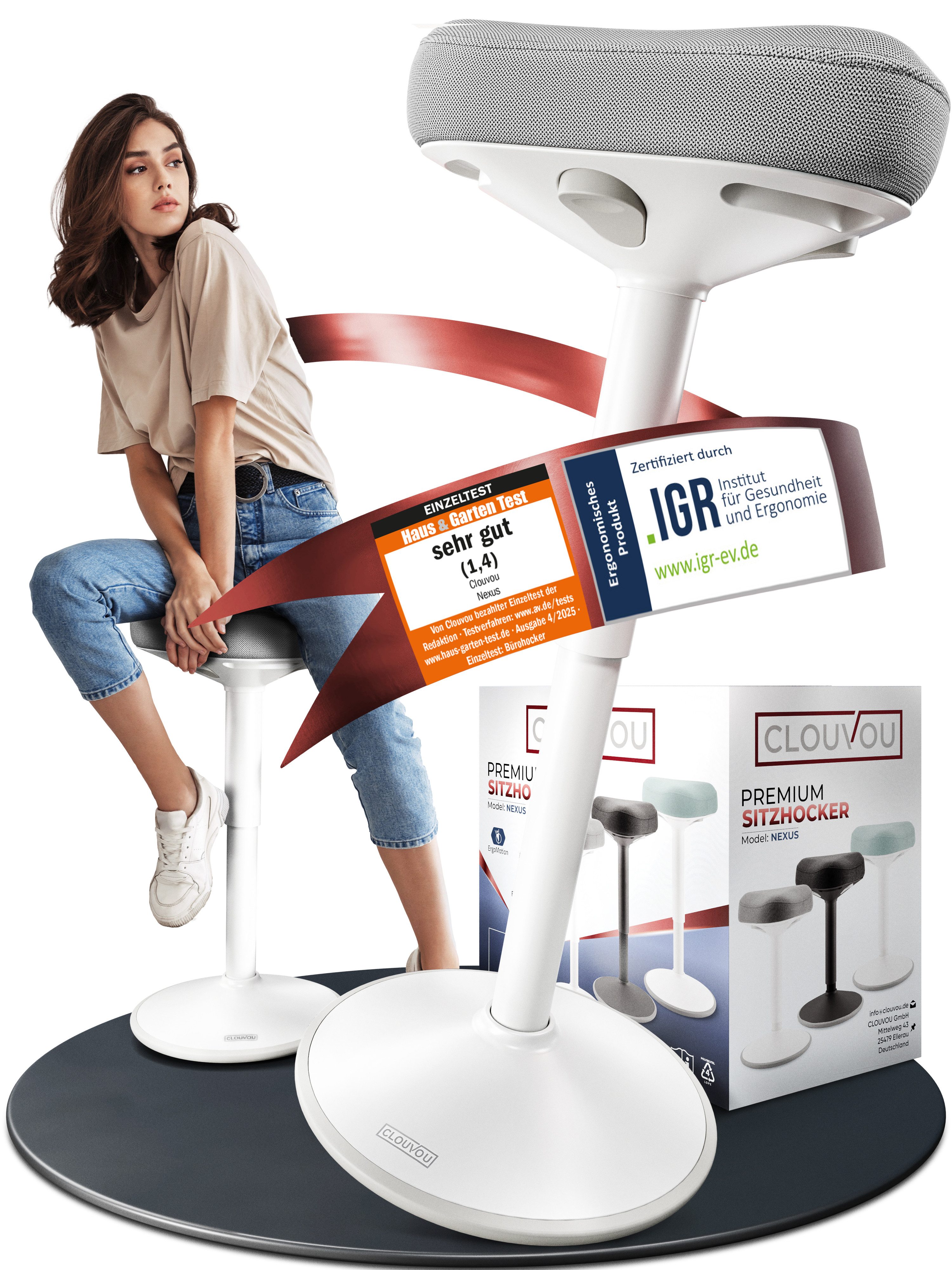 CLOUVOU Arbeitshocker Nexus Bürohocker - Ergonomischer Hocker Büro -, höhenverstellbar 57cm bis 82cm - Wackelhocker zur Stärkung des Rückens