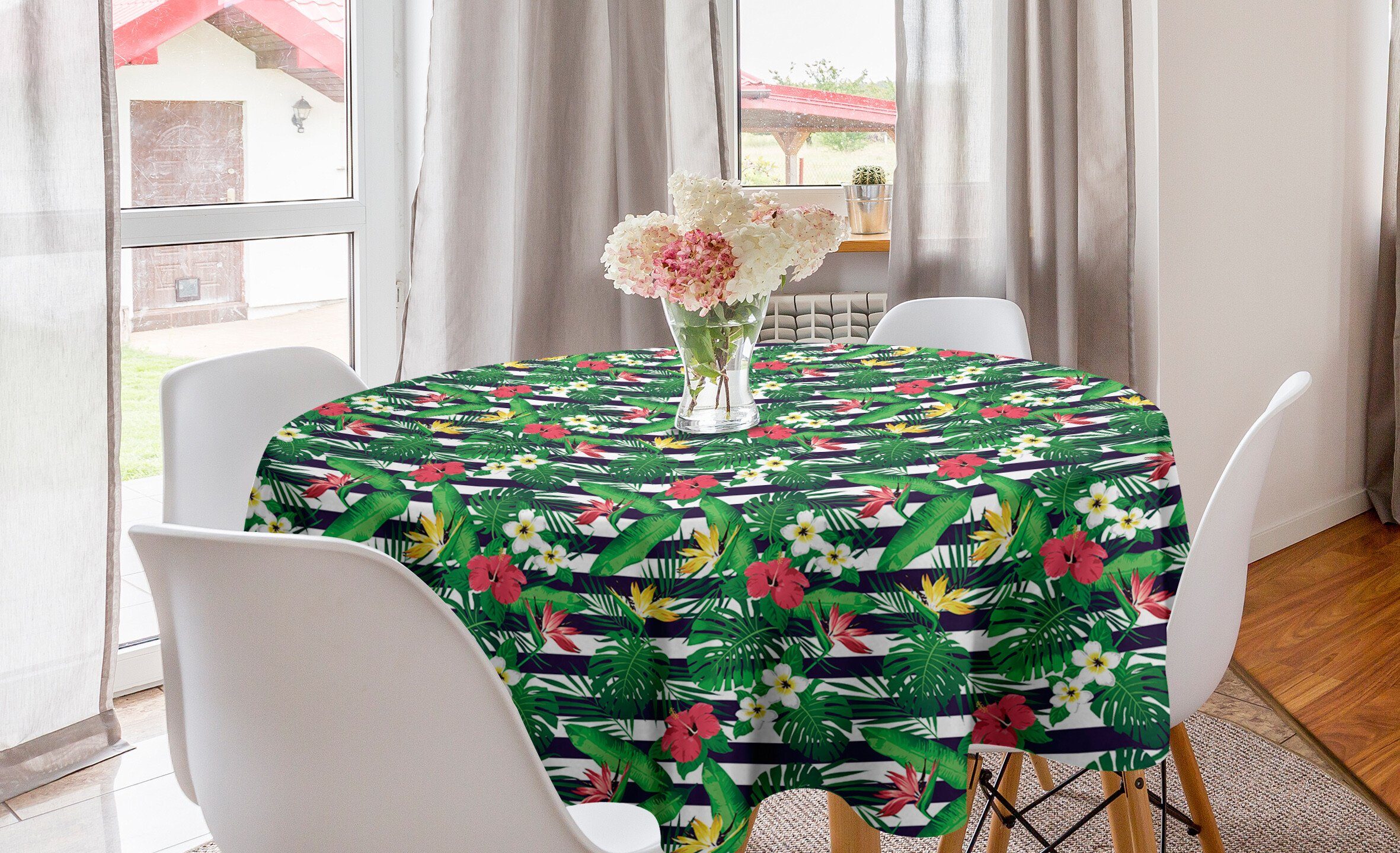 Tischdecke Abakuhaus für Exotisch Streifen Tischdecke Esszimmer Dekoration, Küche Navy Jungle Bouquets Abdeckung Kreis