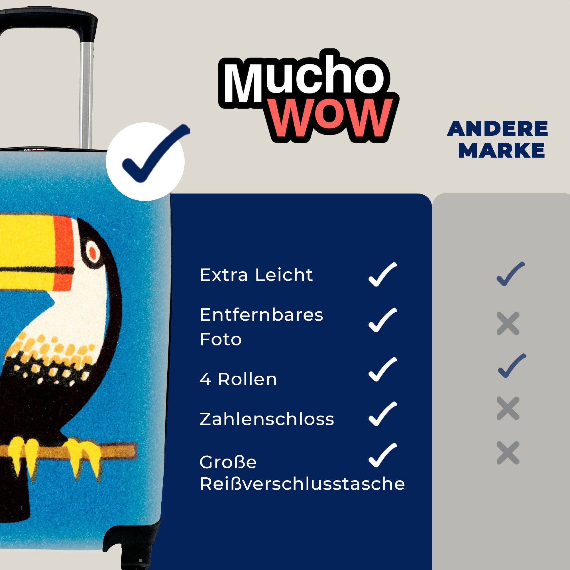 Eine MuchoWow Illustration Handgepäckkoffer Tukans, für Ferien, 4 mit Rollen, Reisekoffer rollen, bunten Trolley, Reisetasche eines Handgepäck