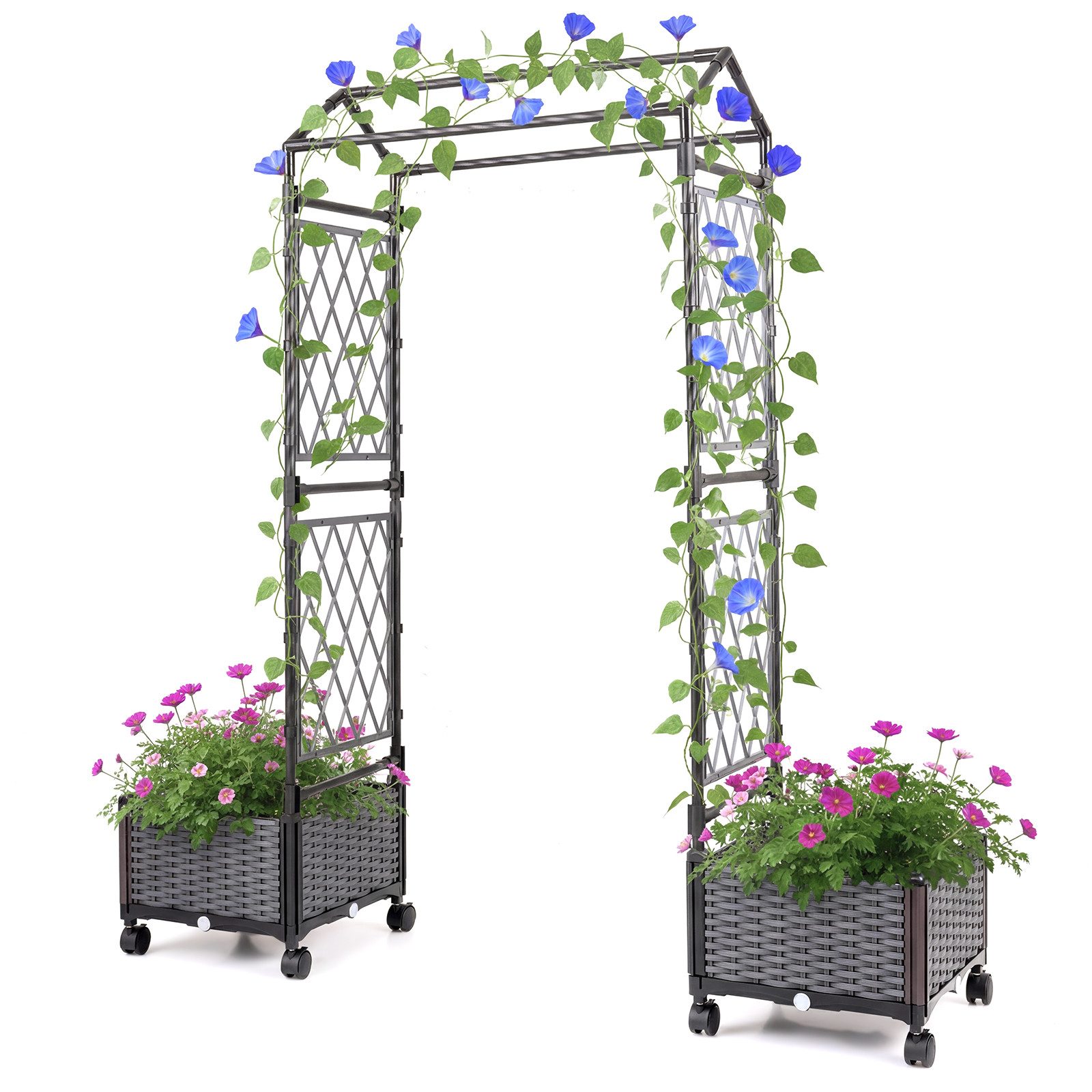 COSTWAY Blumenkasten (1 St), 2in1 Rosenbogen mit 2 Pflanzkästen, Gartenbogen auf Rollen