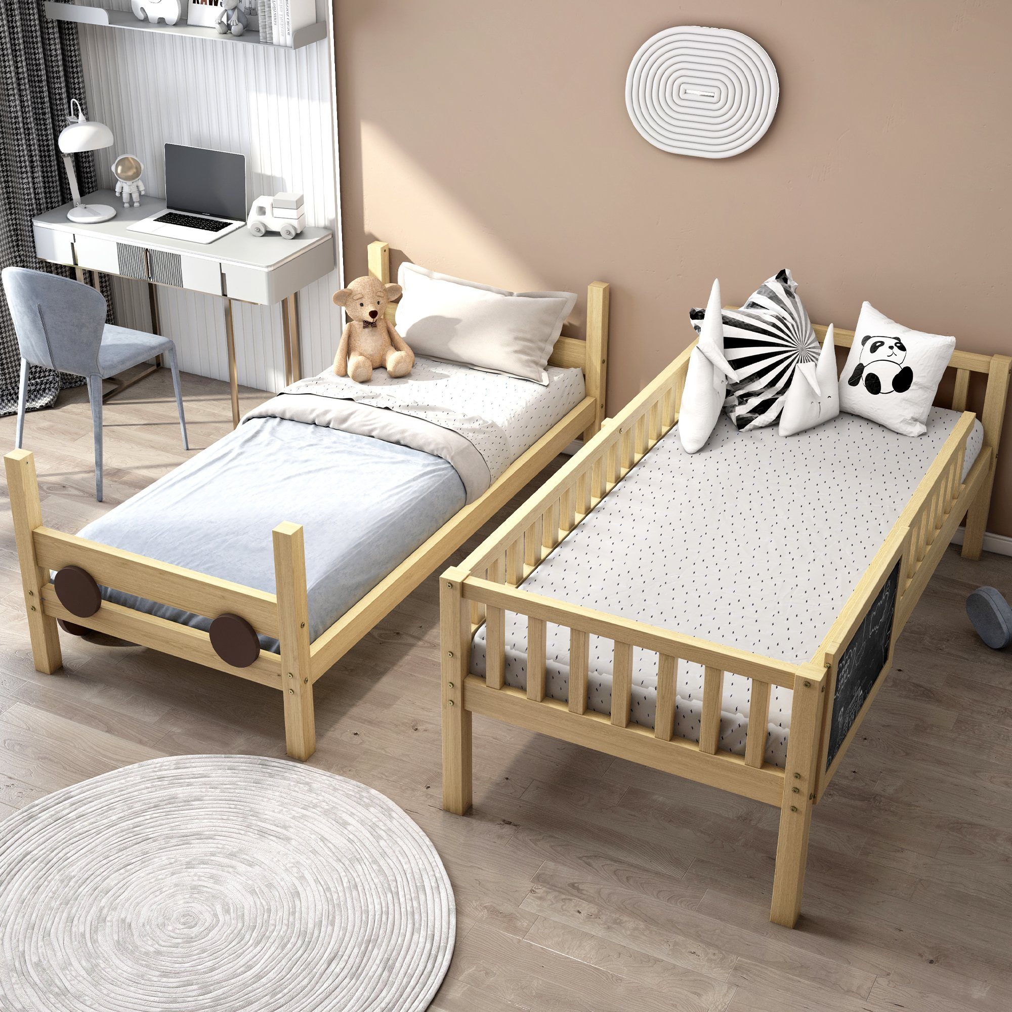 Etagenbett (Stockbett, Hochbett mit Lattenrost, Rausfallschutz, Leiter und MDF-Rädern), Kinderbett 90 x 200 cm, umbaubar in zwei Einzelbetten, Kiefer