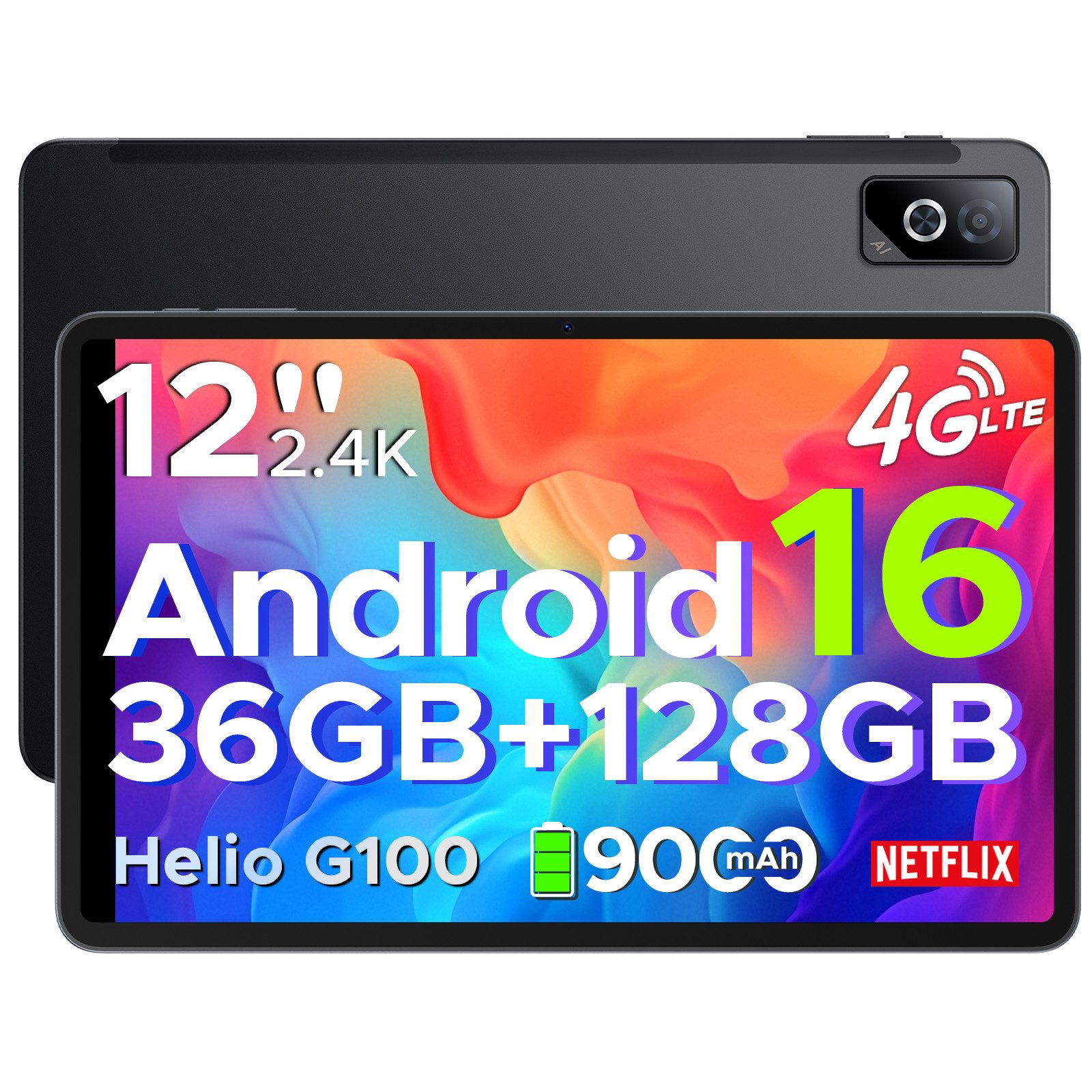 DOOGEE DOOGEE Tab G6 Pro 12'' Tablet Android 16, 90Hz 2.4K, 36GB RAM, 4G LTE Tablet (12", 128 GB, Android 16, Wifi, Helio G100 Octa-Core, 5G WiFi, 9000 mAh, Gemini AI, OTG/FACE ID)