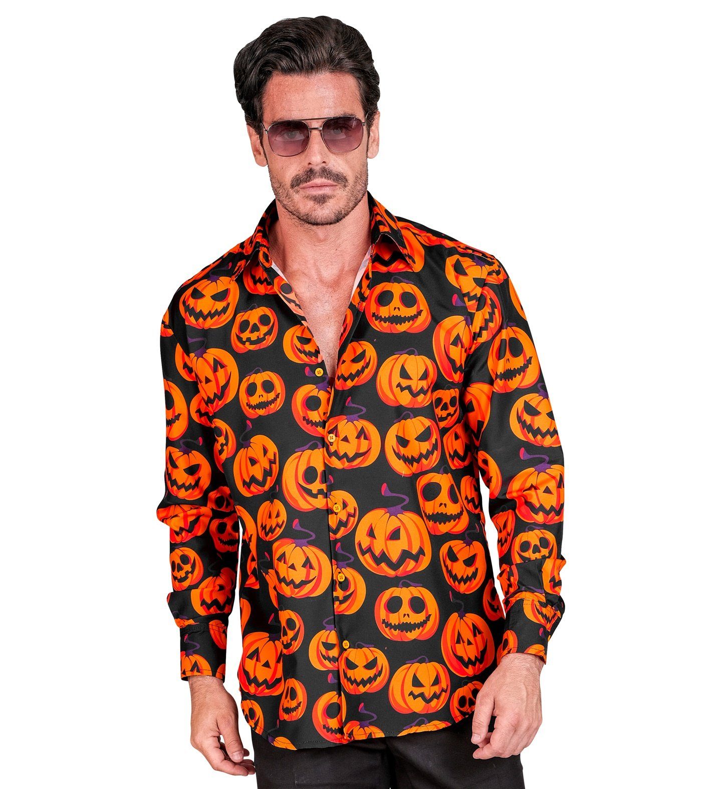 Widmann S.r.l. Kostüm Halloween Hemd 'Kürbis' UV, Orange Schwarz - Herr günstig online kaufen