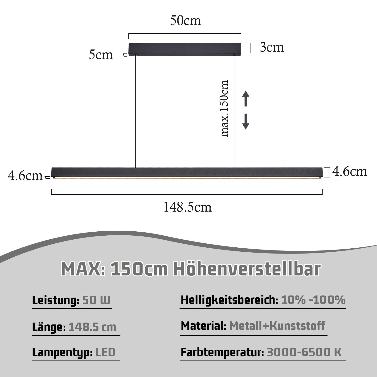 Nettlife LED Pendelleuchte Modern Schwarz Fernbedienung 108/148.5 cm 37/50W Hängelampe Esszimmer, LED fest integriert, Dimmbar, Esstisch Pendellampe für Küche Bar Wohnzimmer Schlafzimmer Büro