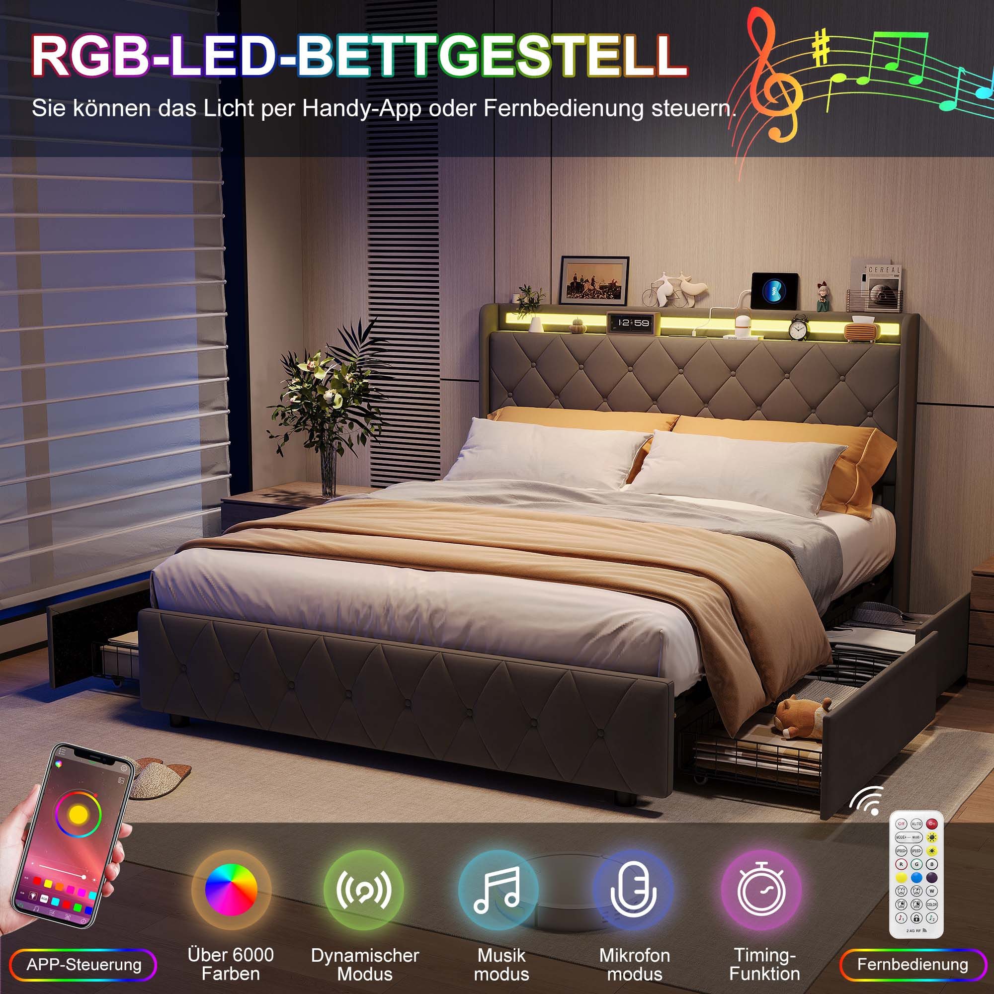 ADWOLT Stauraumbett Polsterbett mit Lattenrost und LED-Beleuchtung, Jugendbett 140x200cm mit USB&Type-C,Doppelbett mit 4 Schubladen,Grau