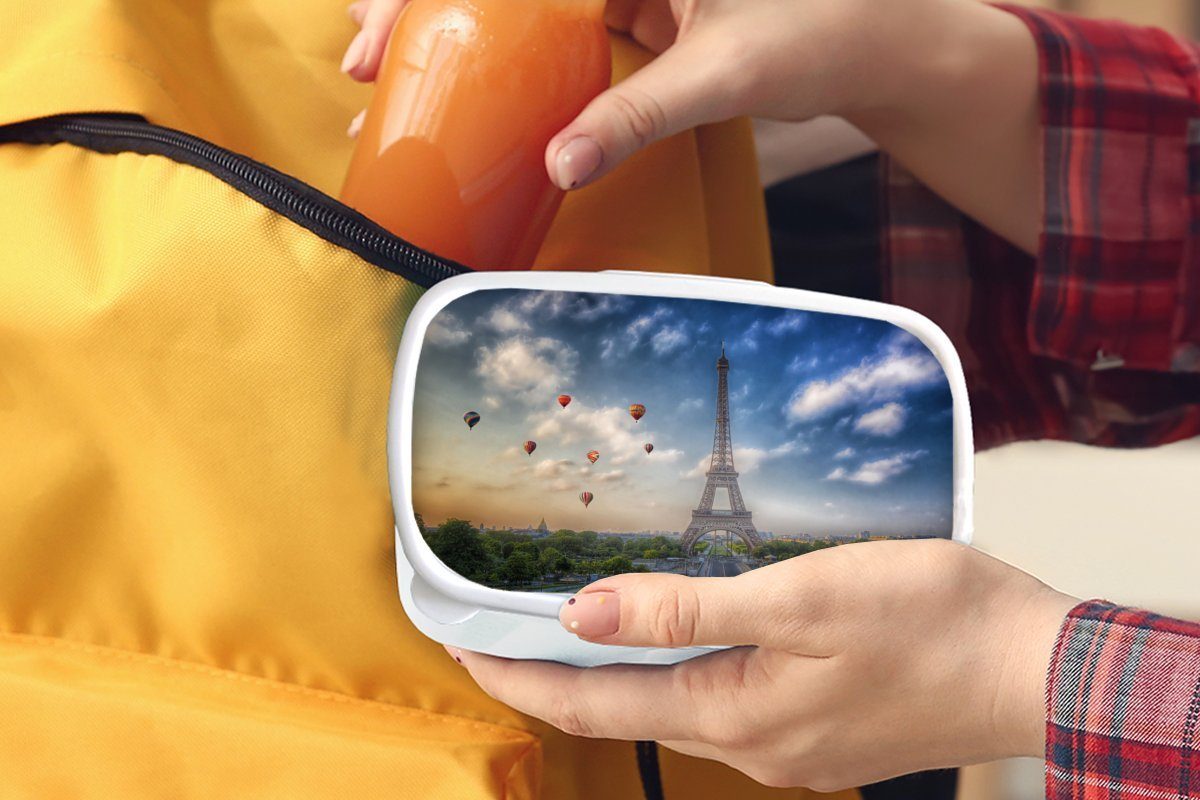 im für Jungs weiß Mädchen Der Hintergrund Brotbox Erwachsene, und Eiffelturm und Paris, für Lunchbox (2-tlg), mit Kunststoff, MuchoWow Heißluftballons über Kinder Brotdose,