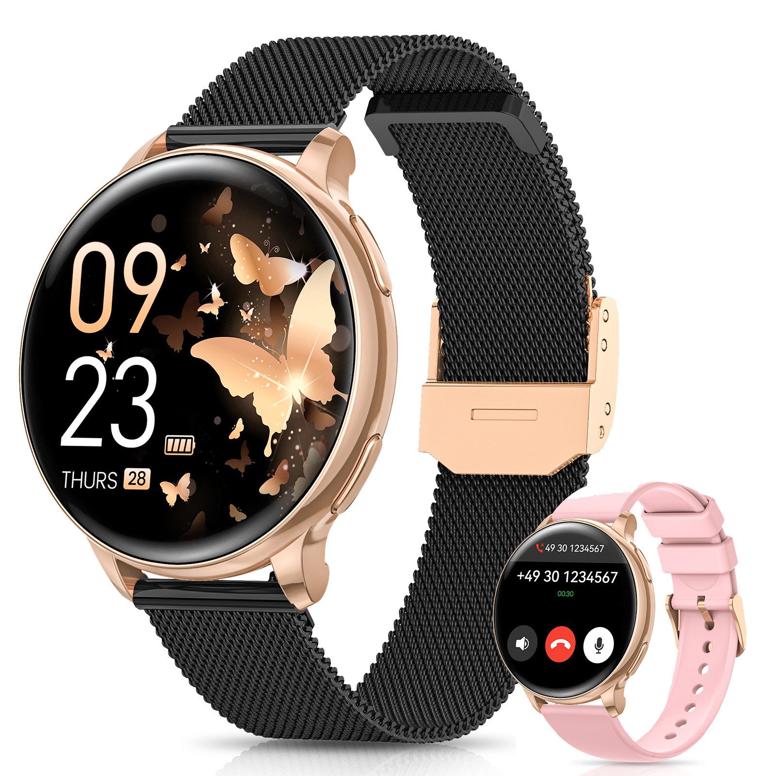 FOSMET 2025 Neue Smartwatch Damen,1.27" AMOLED,Bluetooth-Anruffunktion Smartwatch (3.23 cm) Pulsuhr,Schlafmonitor,SpO2, Fitnessuhr Damen, Sportuhr, Watch, IP68/mit Herzfrequenz/SpO2/Blutdruck/Schlafüberwachungsfunktion