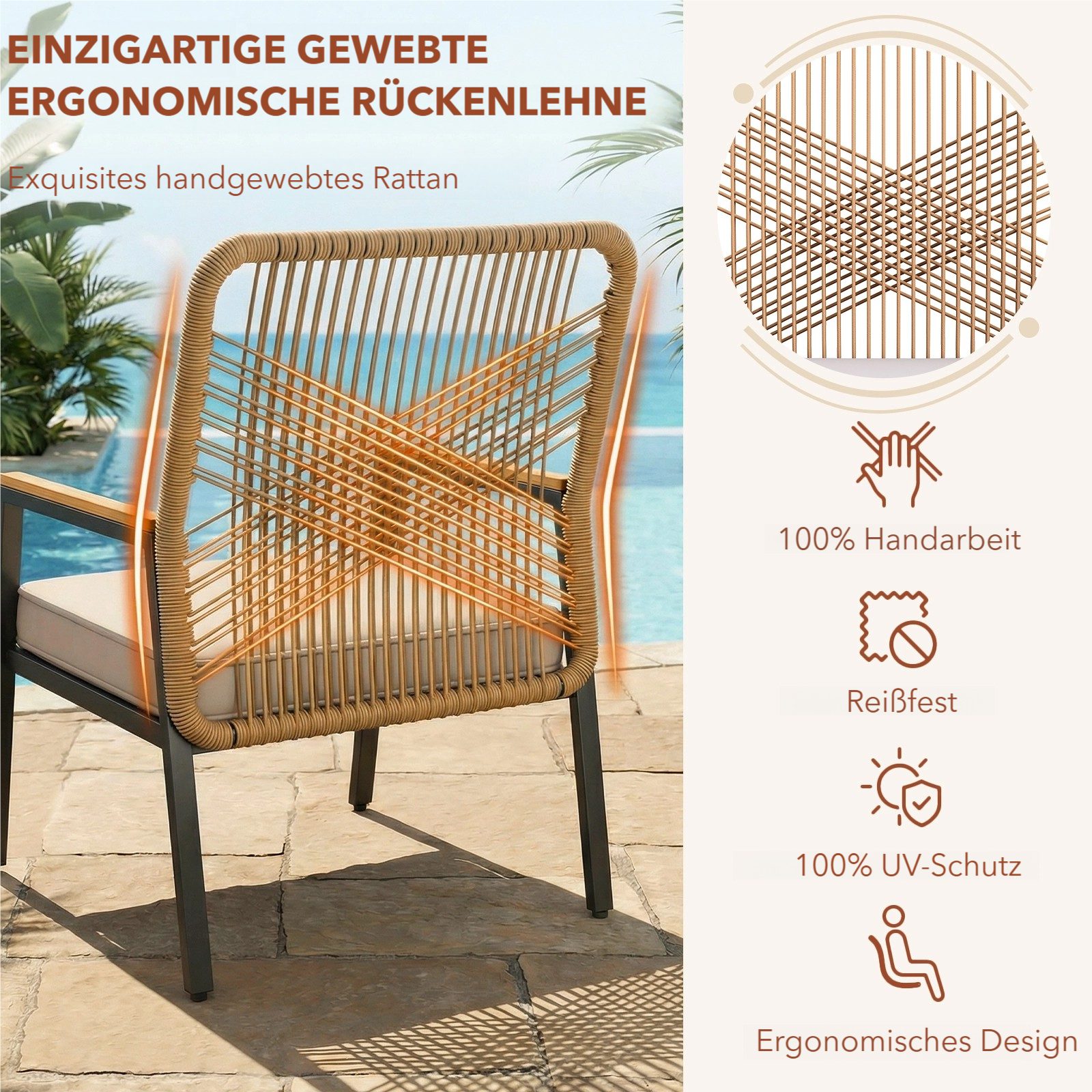 TLGREEN Gartenstuhl Eisen-Rattan Gartensessel,verbreiterter Sitz, (Gartenmöbel-Set,Zwei Stühle und ein Beistelltisch, 3 St), 160 kg Belastbar für Terrasse, Gart – Bild 5 von 5