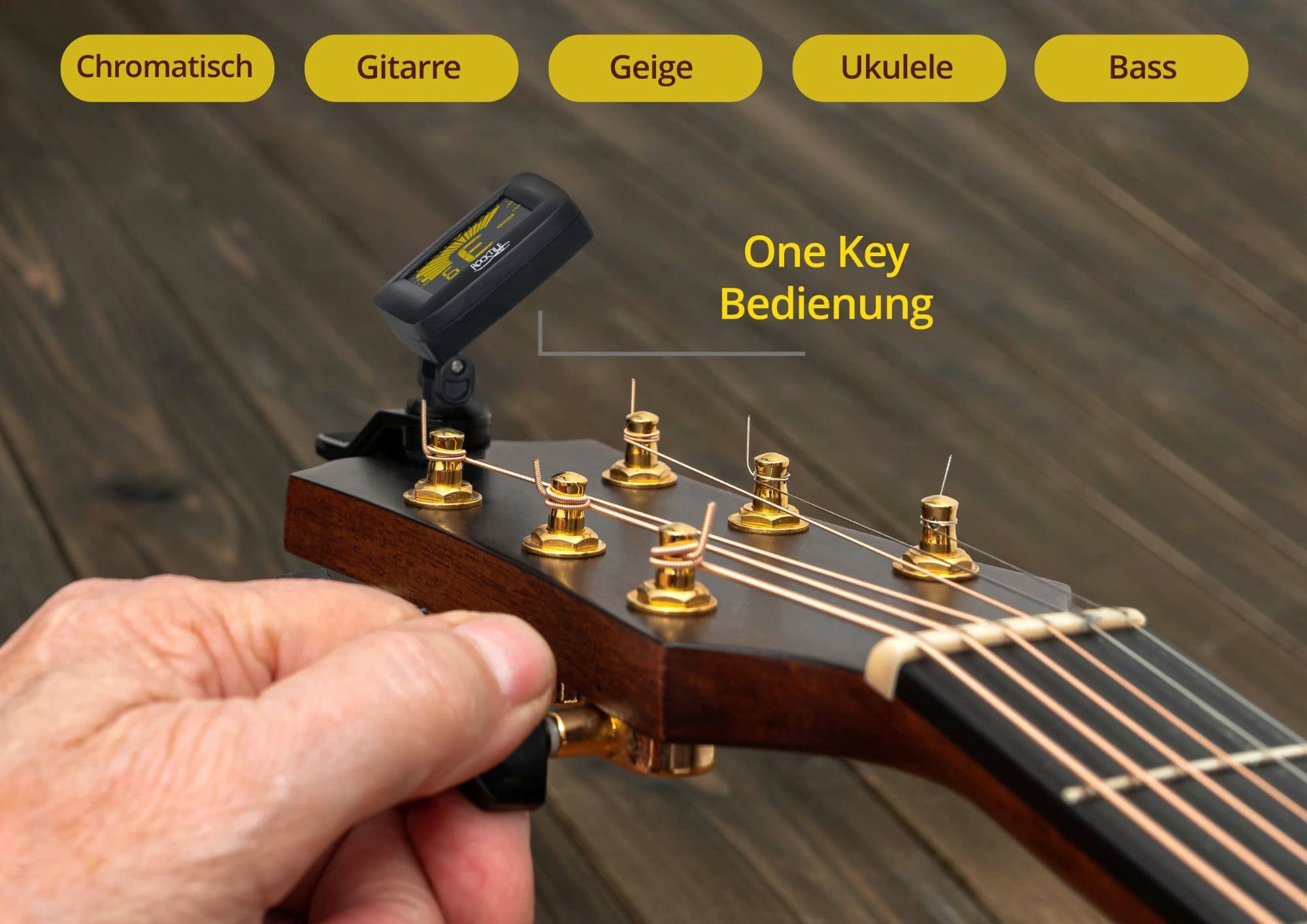 Rocktile Stimmgerät 5-3C Three Color Clip-Tuner, (inkl. Knopfbatterie), Geeignet für Gitarre, Bass, Ukulele und Violine – Bild 4 von 5