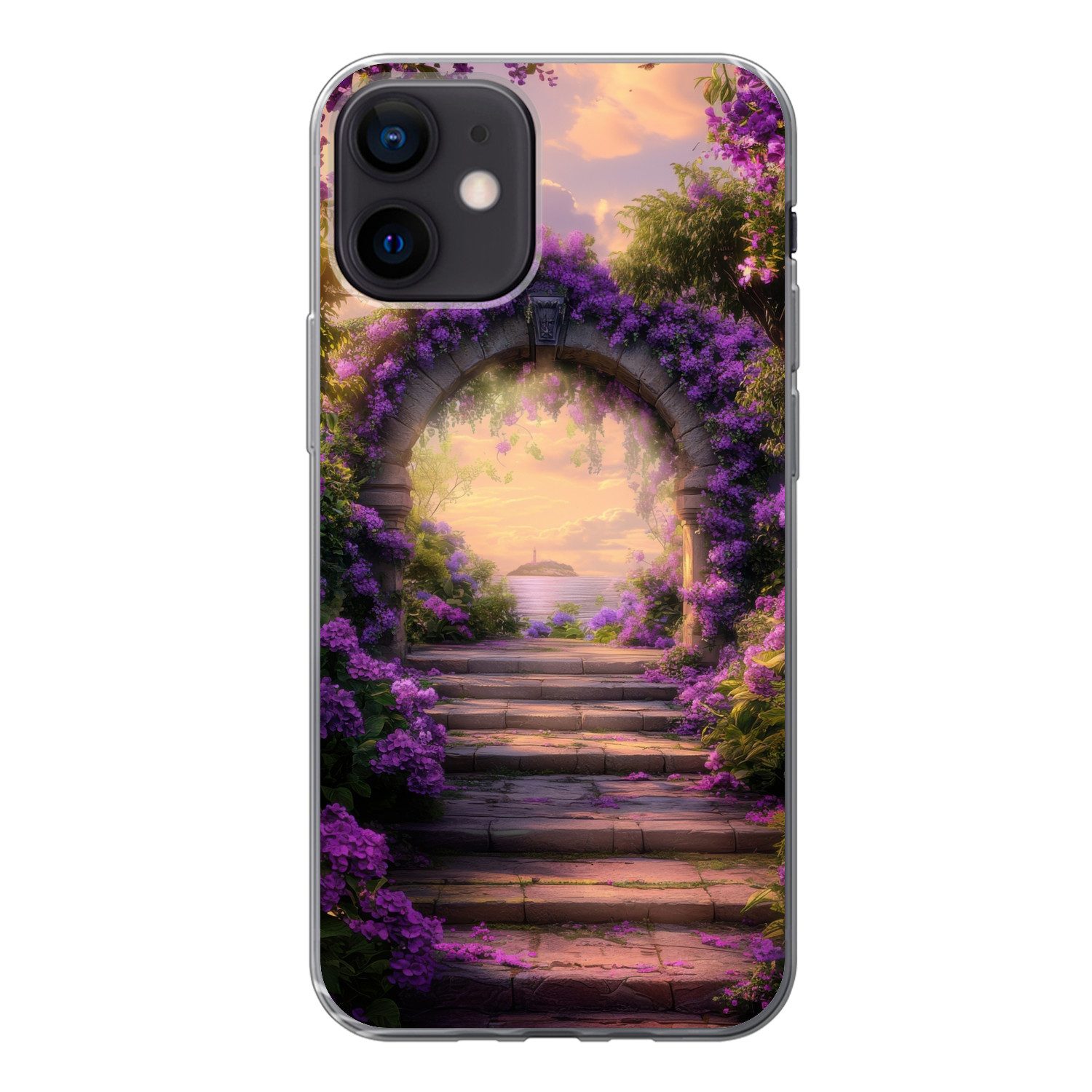 MuchoWow Handyhülle für Apple iPhone 12 Tor - Lila - Blumen, Smartphone-Bumper, Print, Handy Schutzhülle Dünn