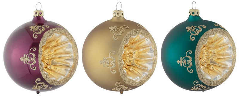 Thüringer Glasdesign Weihnachtsbaumkugel »Christmas Chic, Weihnachtsdeko, Christbaumschmuck« (3 St), hochwertige Christbaumkugeln aus Glas, Reflexkugel, dekoriert