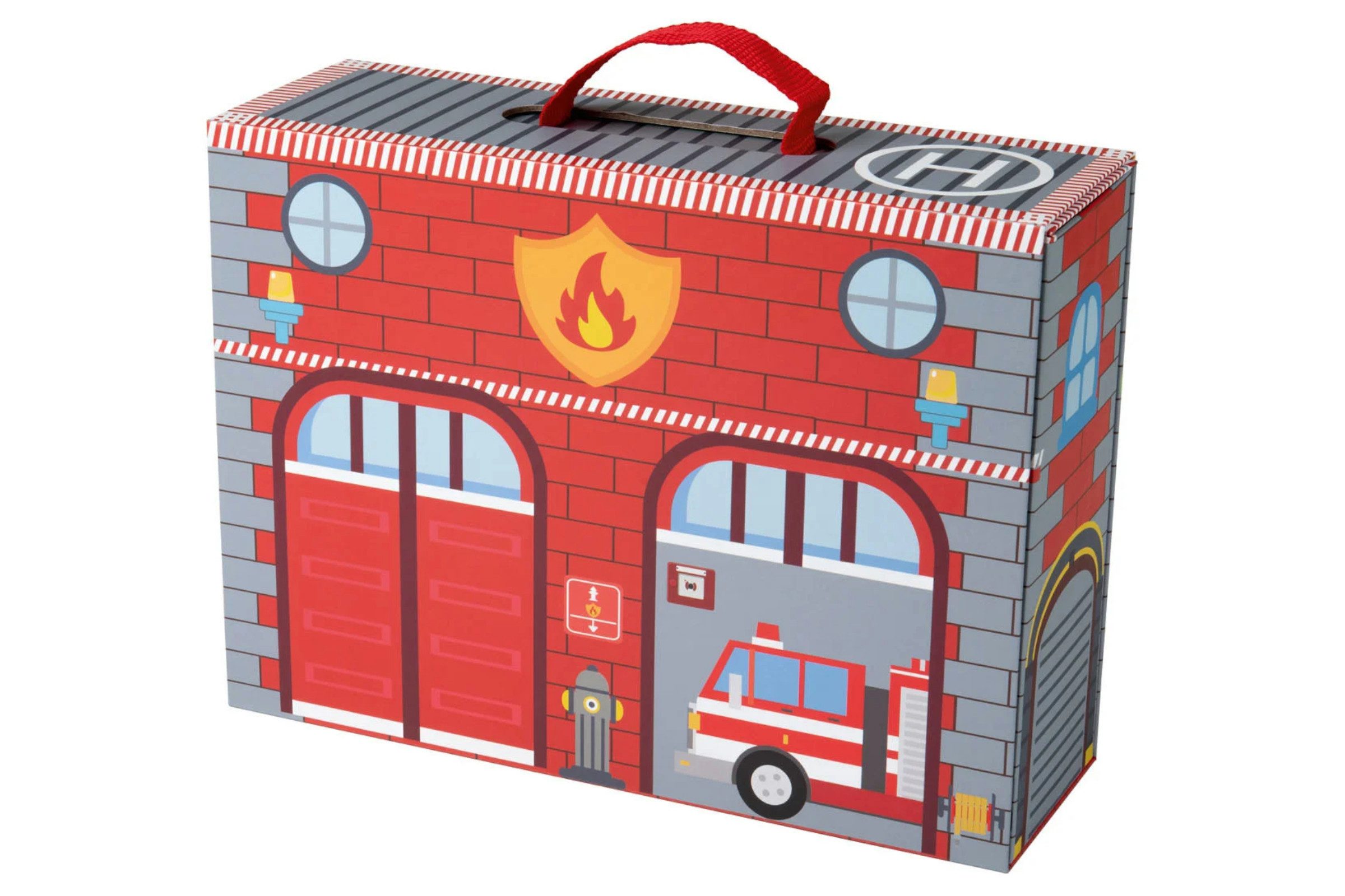 Playtive Spiel Playtive Spielkoffer 13-teilig fördert Kreativität, Spielkoffer Feuerwehrstation, Große Spielfläche mit 12 Zubehörteilen