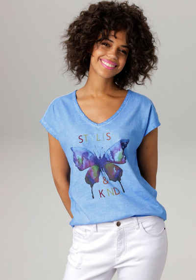 Aniston CASUAL T-Shirt mit batikfarbigem Schmetterling und Schriftzug - NEUE KOLLEKTION